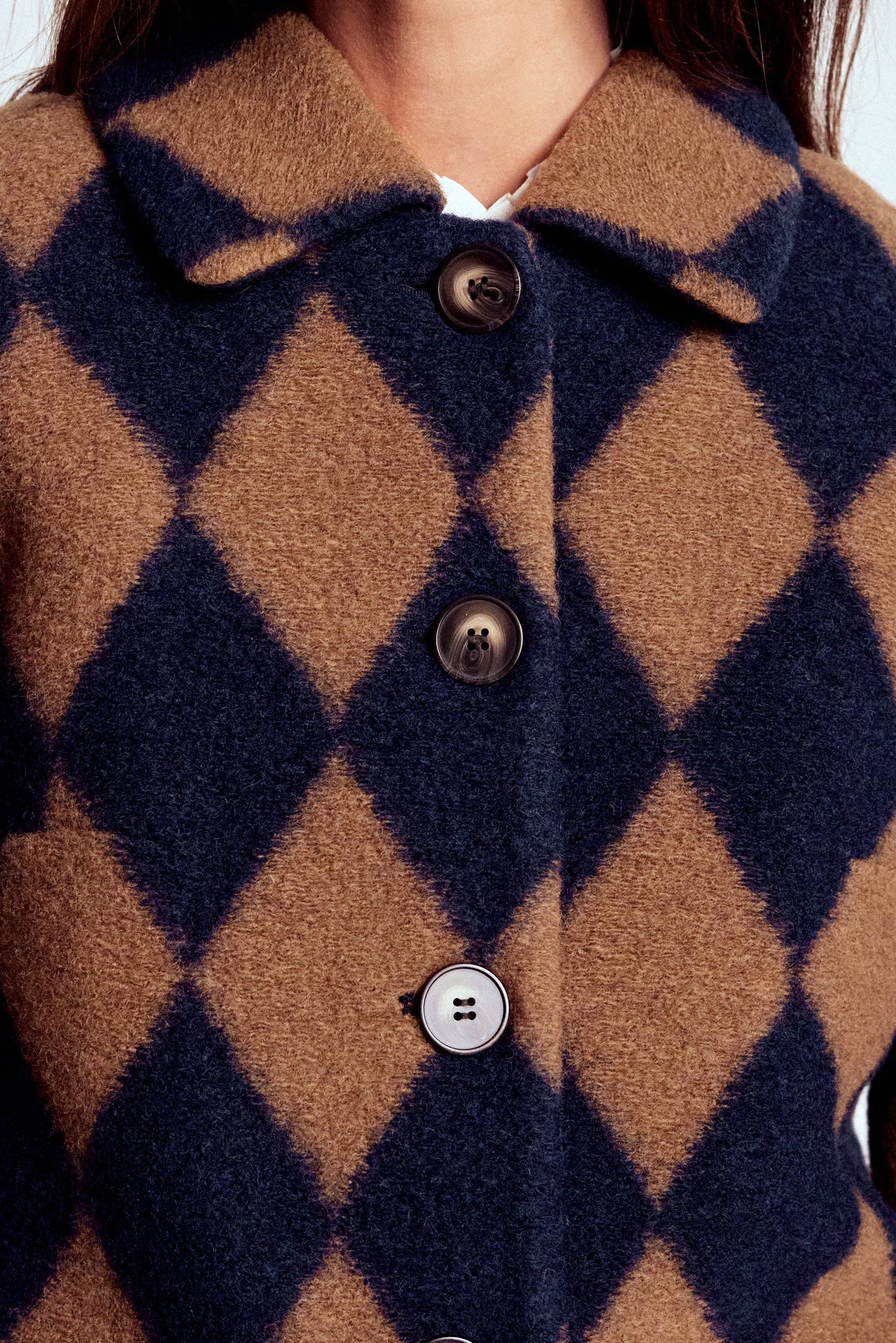 Edinburgh Swing Coat-Camel and Navy Argyle