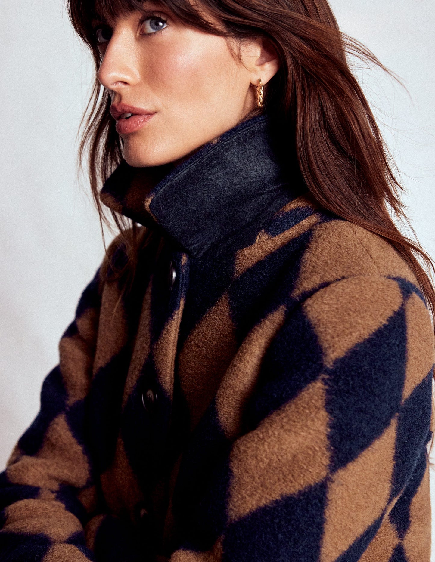 Edinburgh Swing Coat-Camel and Navy Argyle