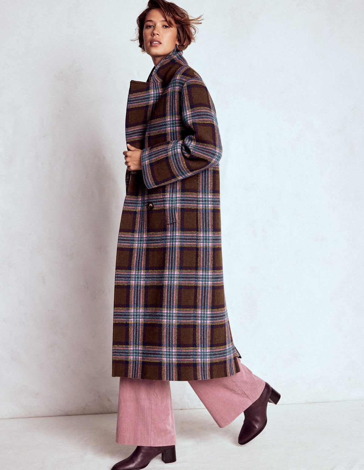 Cocoon Wool Coat-Brown, Teal and Pink Check | Boden USA