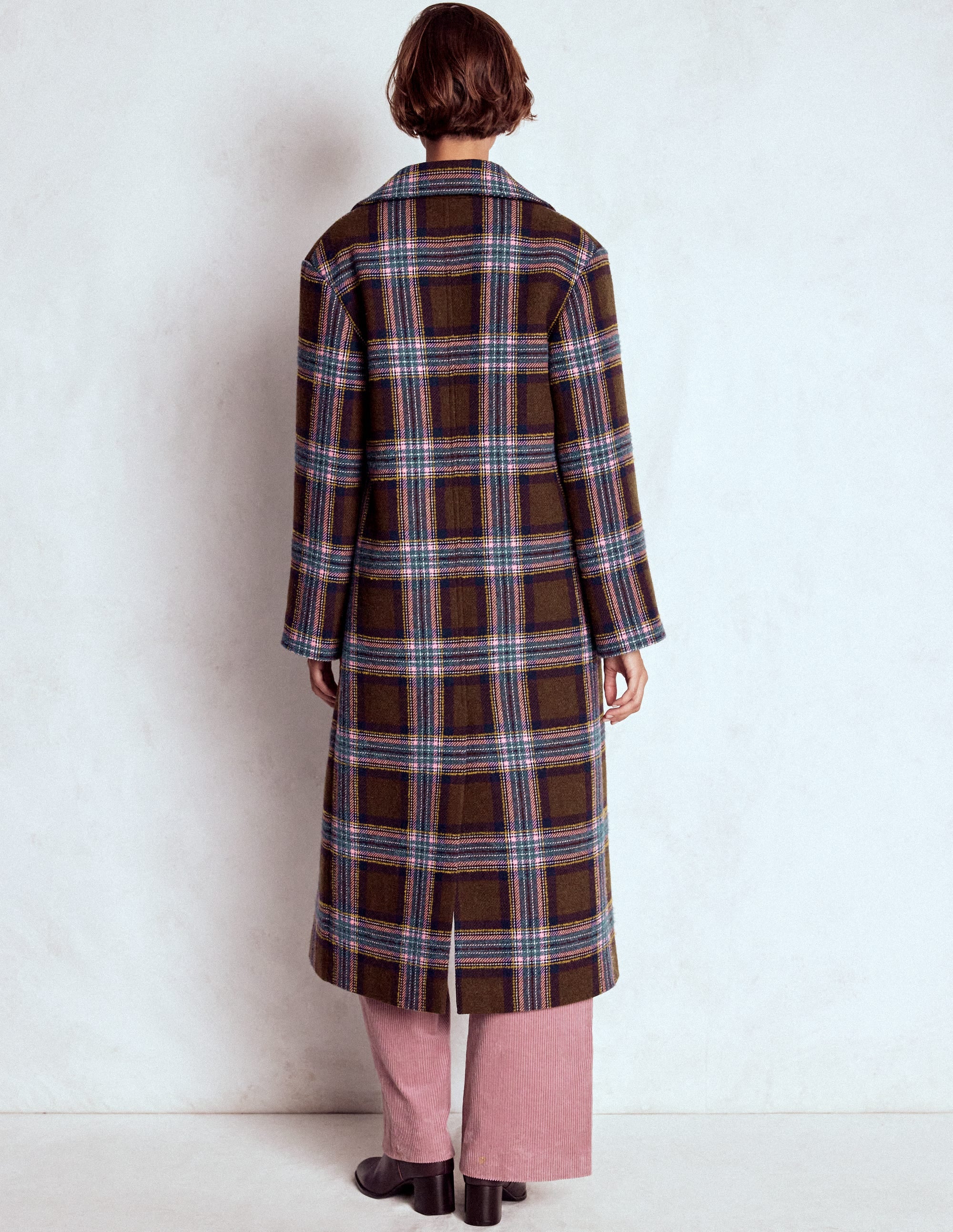 Cocoon Wool Coat - Brown, Teal and Pink Check | Boden USA