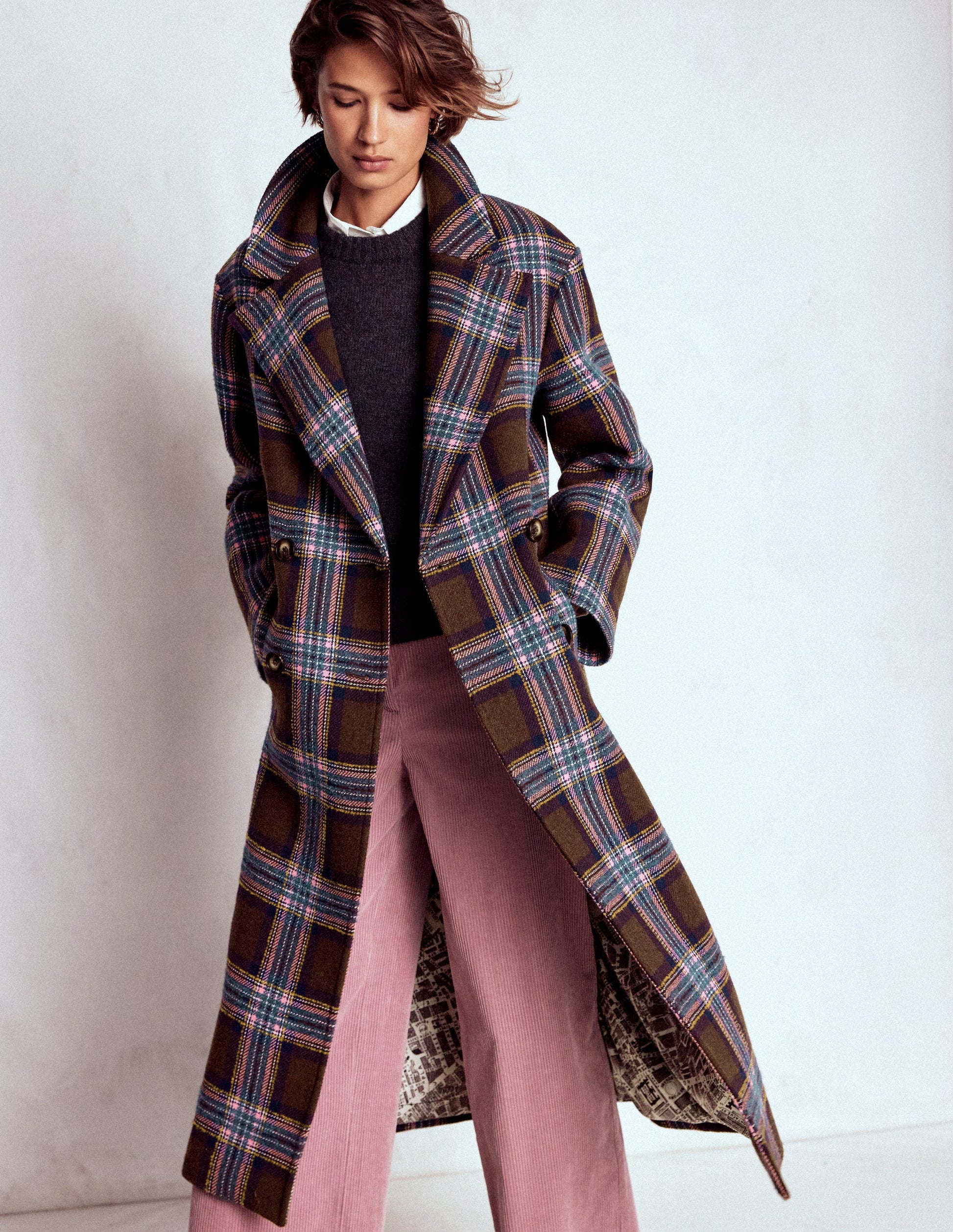 Cocoon Wool Coat-Brown, Teal and Pink Check Boden USA