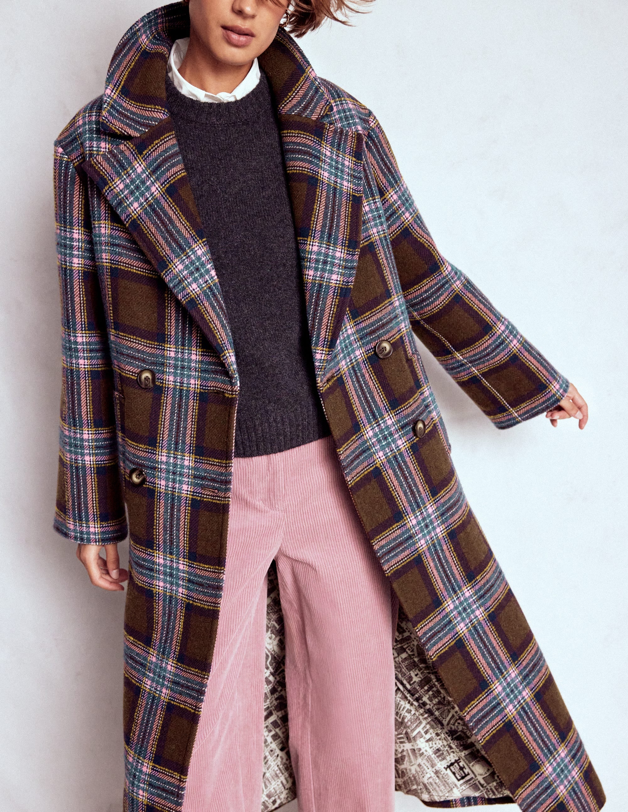 Cocoon Wool Coat - Brown, Teal and Pink Check | Boden USA