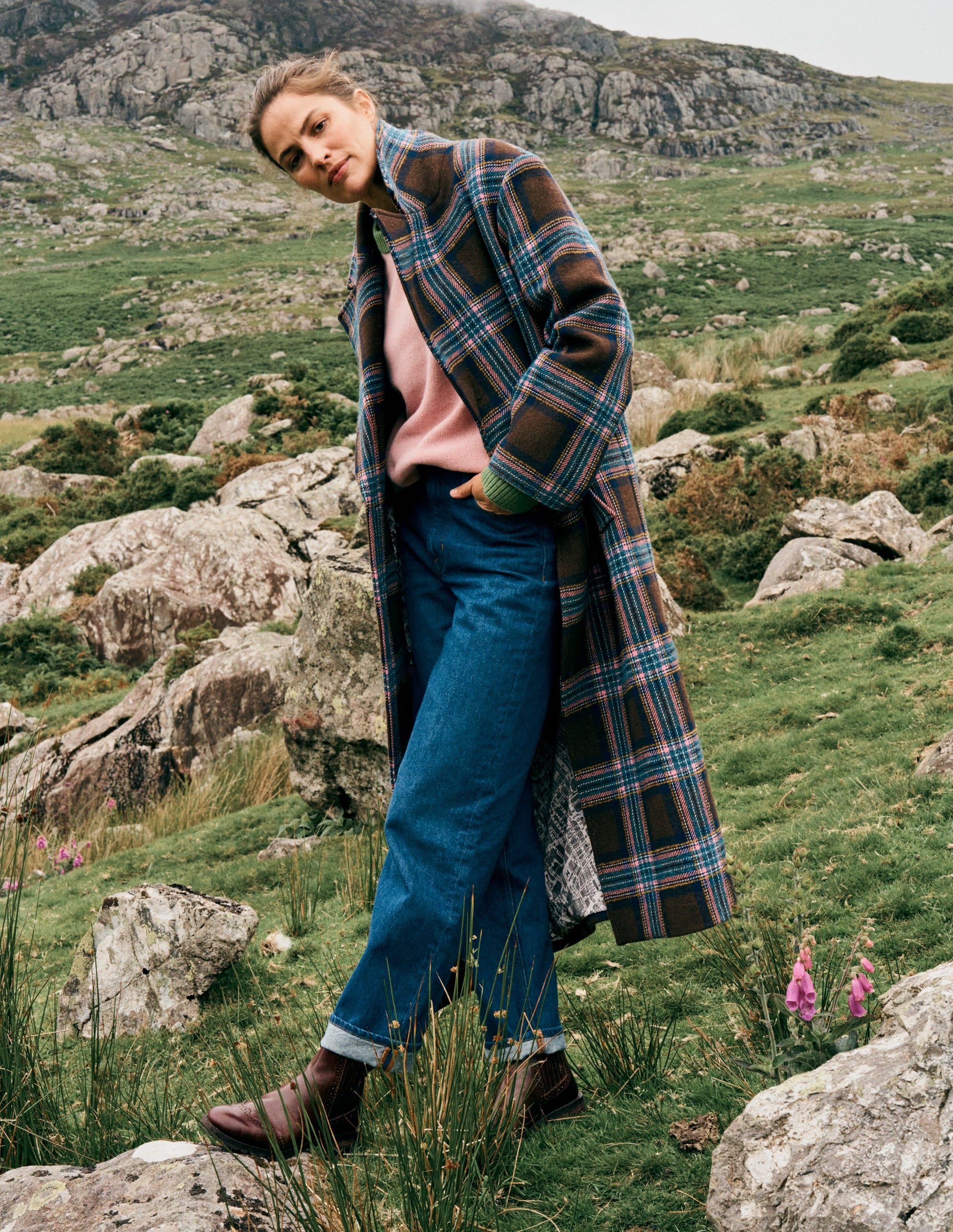 Cocoon Wool Coat-Brown, Teal and Pink Check | Boden USA