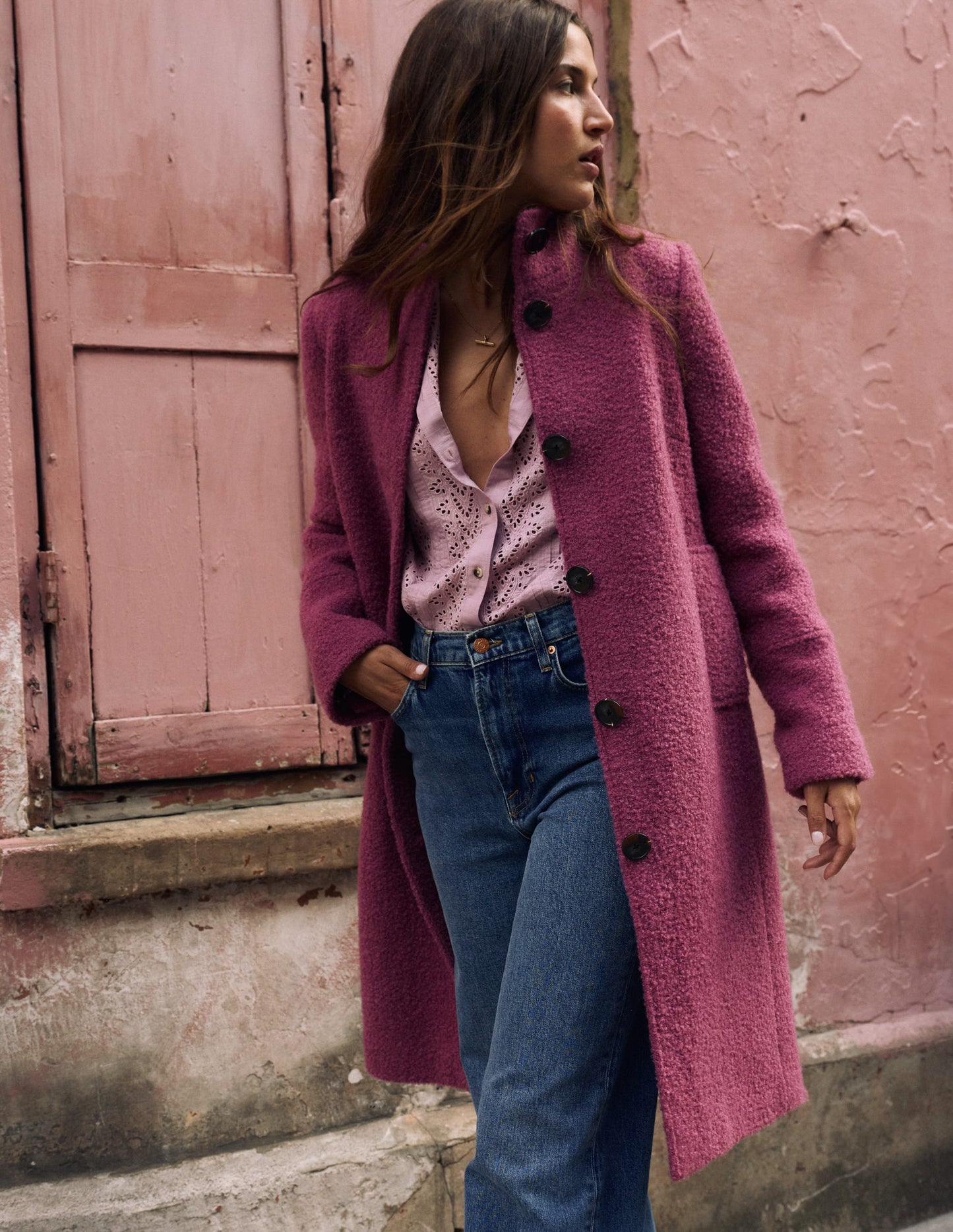 Funnel Neck Coat-Pink Heather