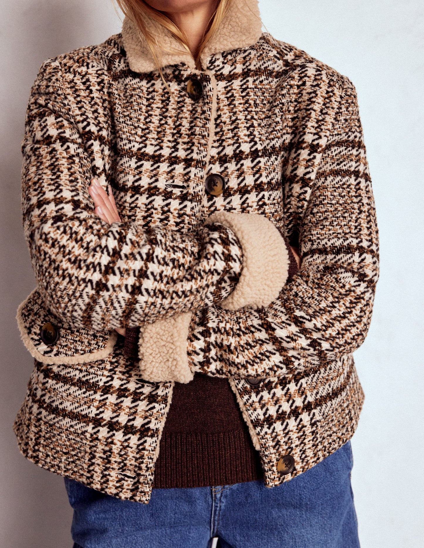 Stirling Check Coat-Ivory, Brown & Black Check