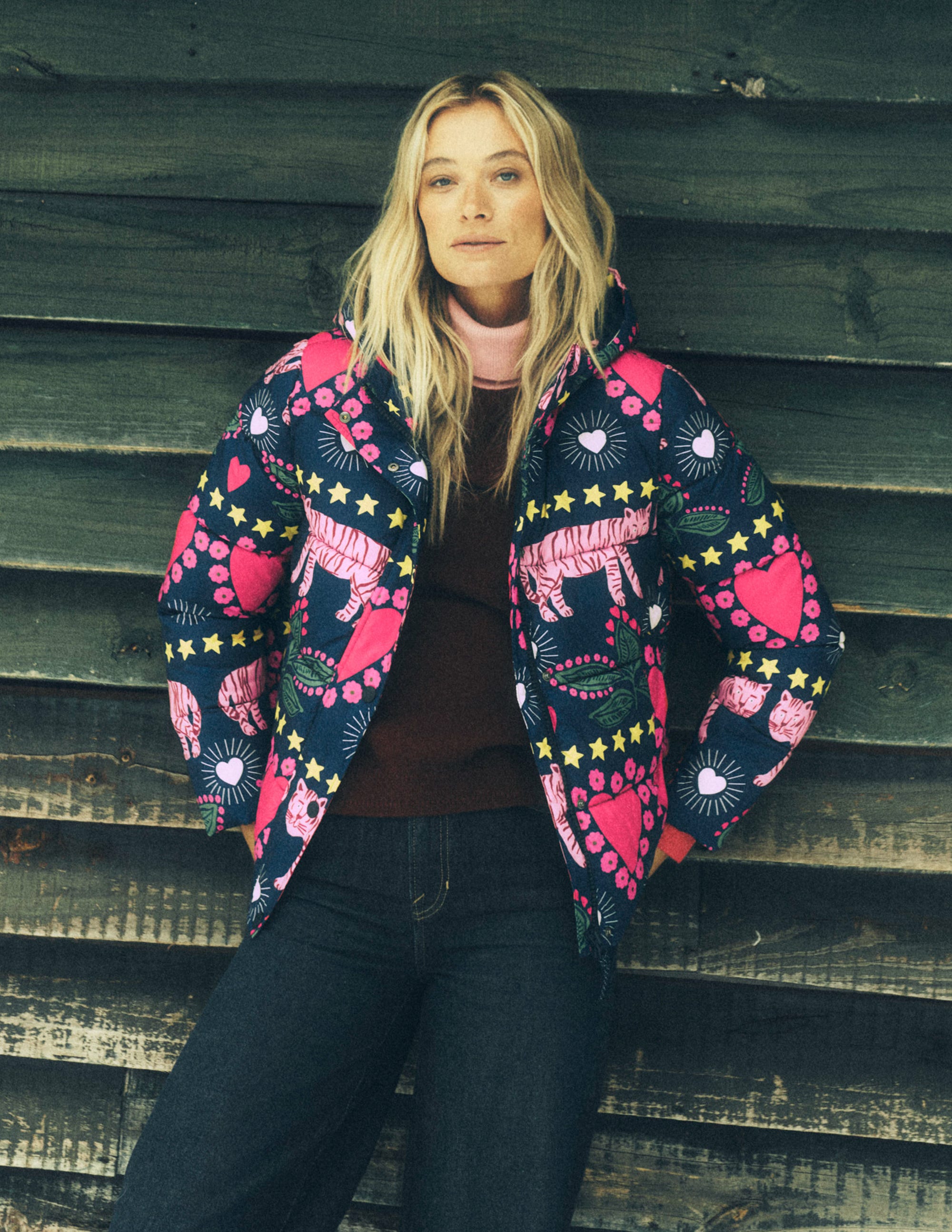 Padded Puffer Coat-French Navy, Embellished Tiger - Image 6