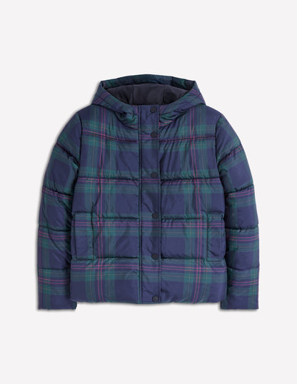 Padded Puffer Coat-Navy & Green Tonal Check-6