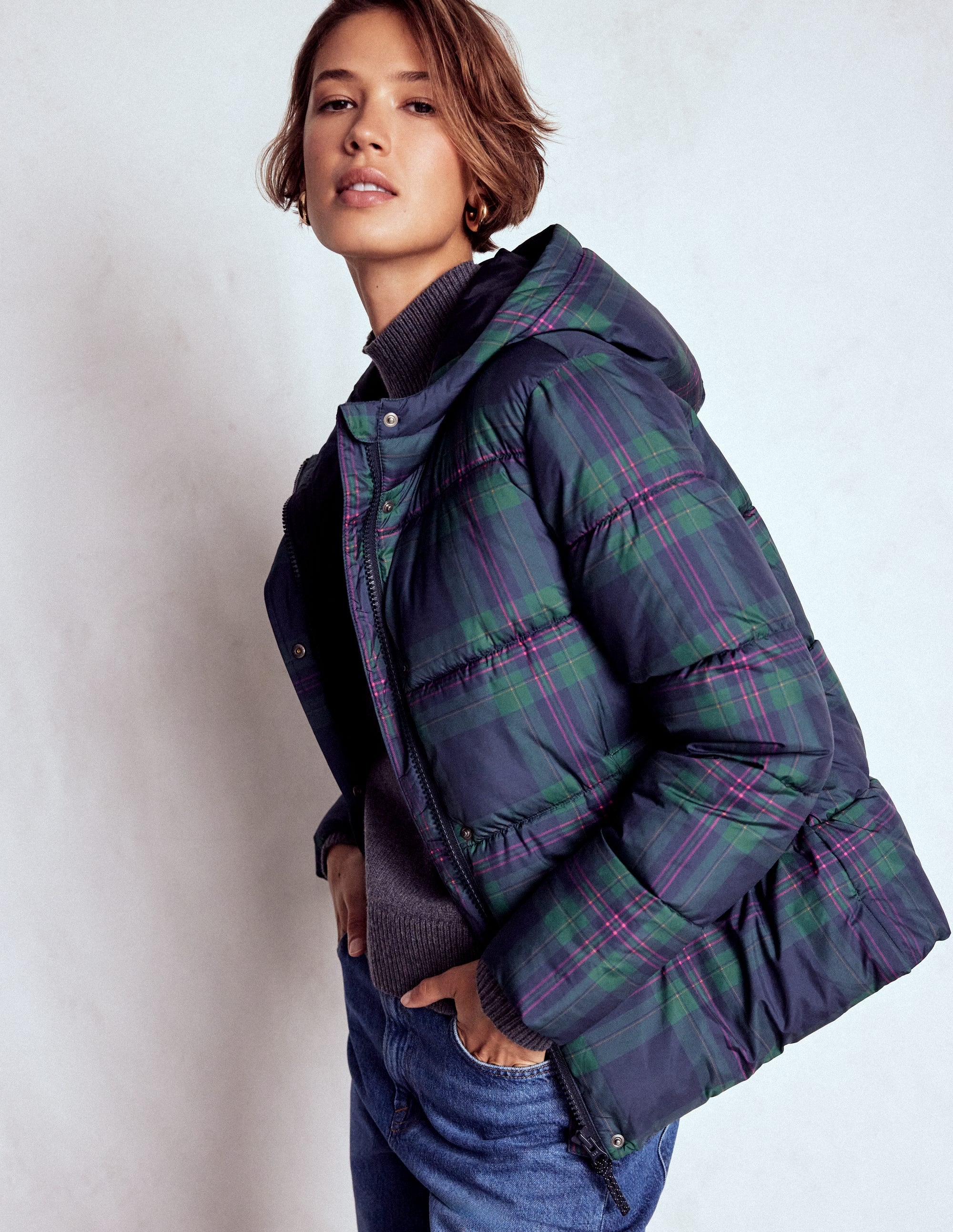 Padded Puffer Coat-Navy & Green Tonal Check | Boden USA