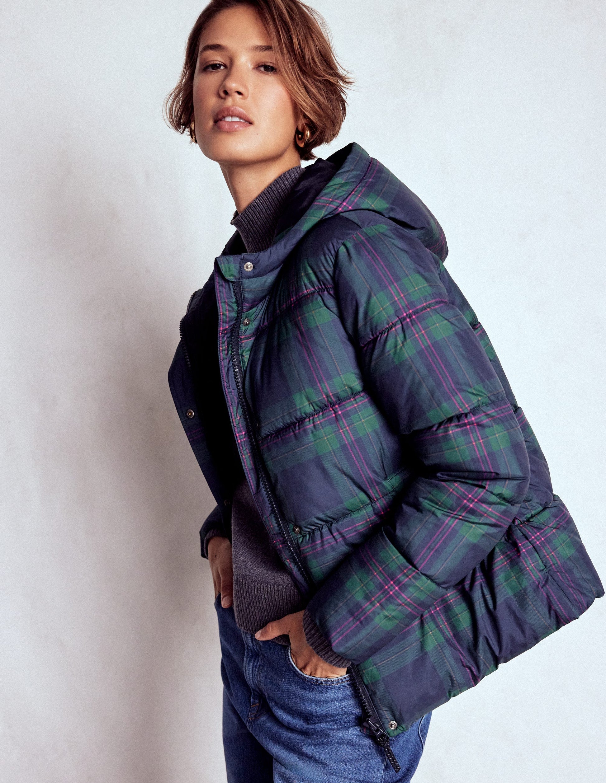 Padded Puffer Coat-Navy & Green Tonal Check-1