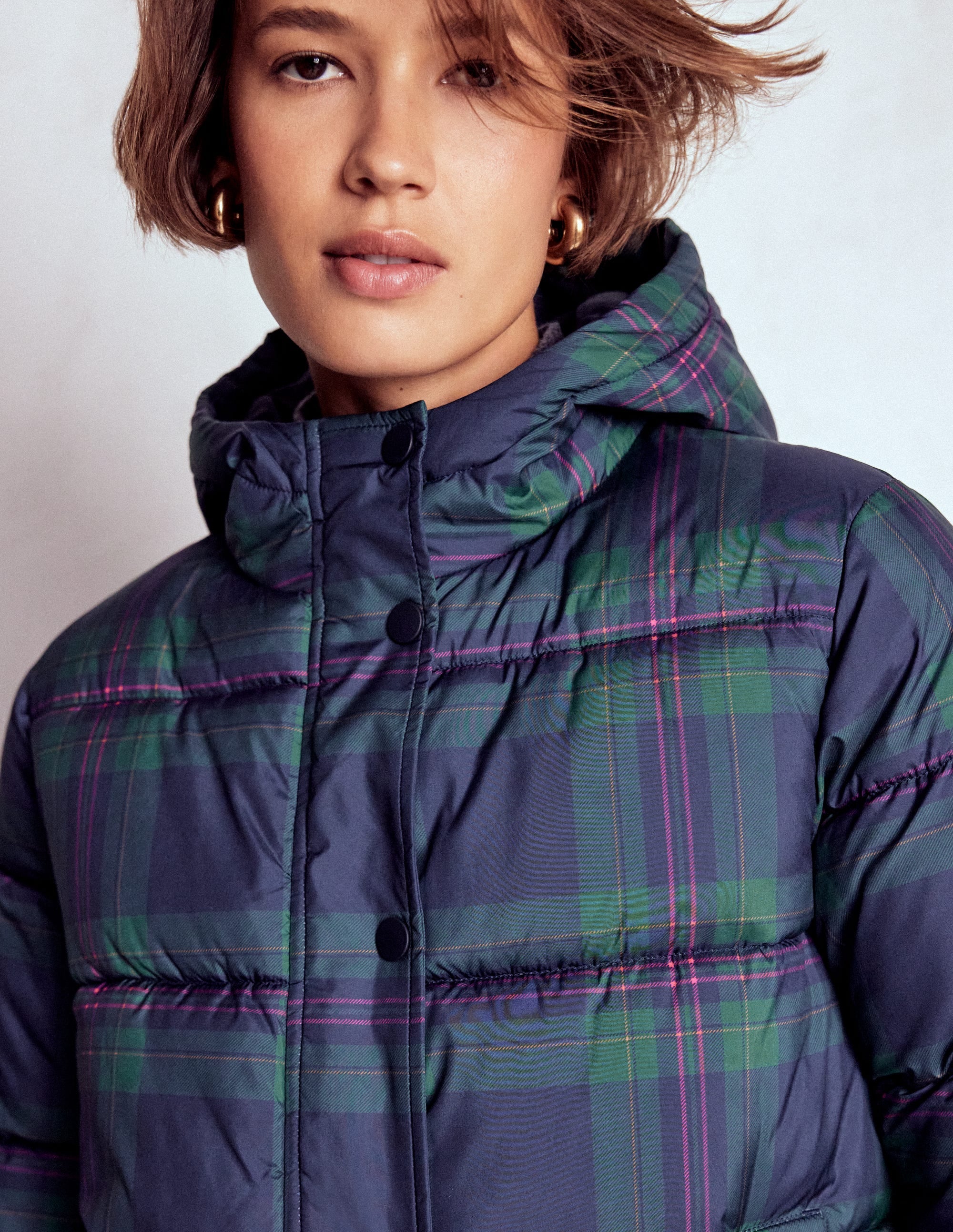 Padded Puffer Coat-Navy & Green Tonal Check | Boden USA