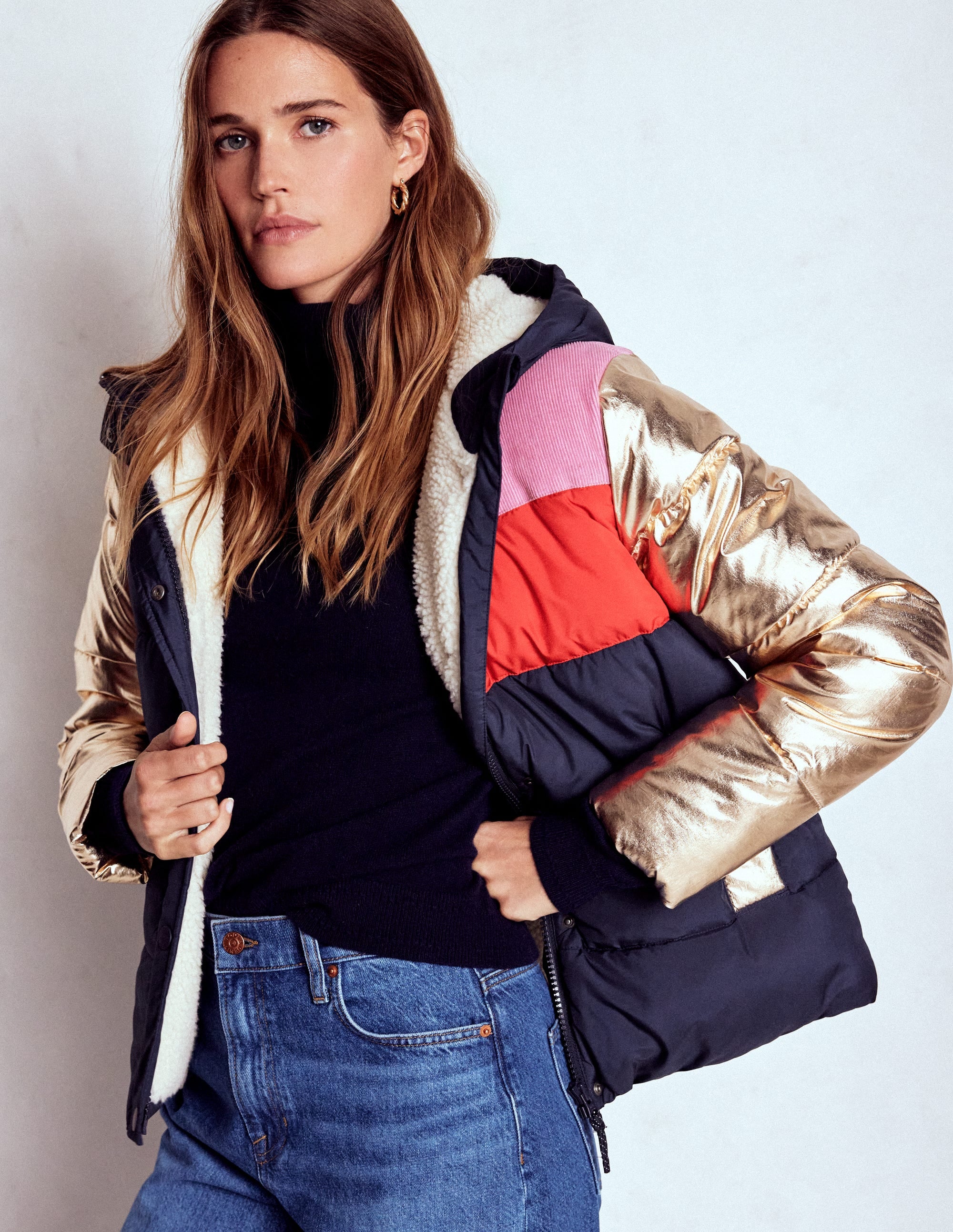 Padded Puffer Coat-Navy, Colourblock - Image 2
