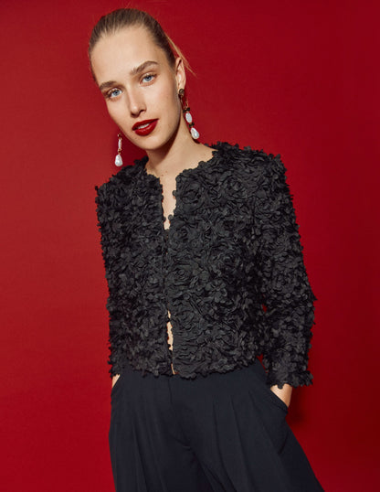 Petal Textured Cropped Jacket-Black, Petal Tulle-1