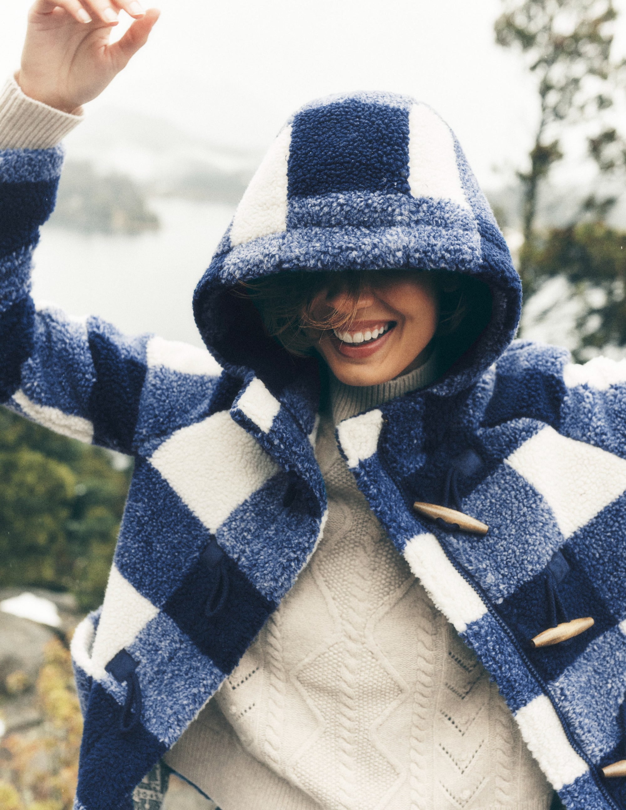 Borg Duffle Coat-College Navy Gingham | Boden USA