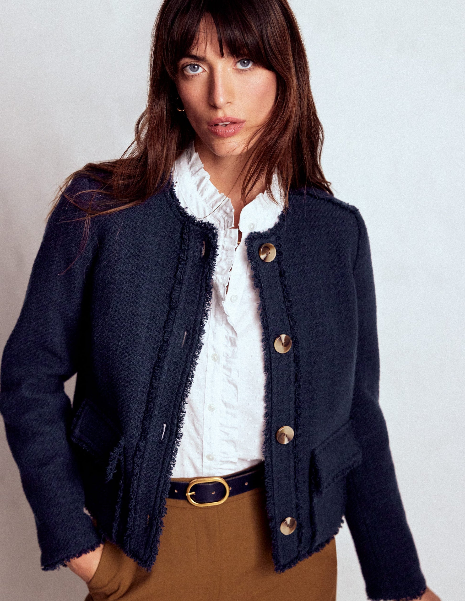 Collarless Textured Jacket-Navy-1
