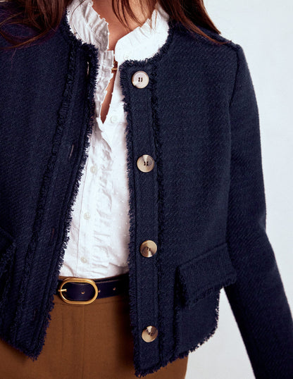 Collarless Textured Jacket-Navy-2