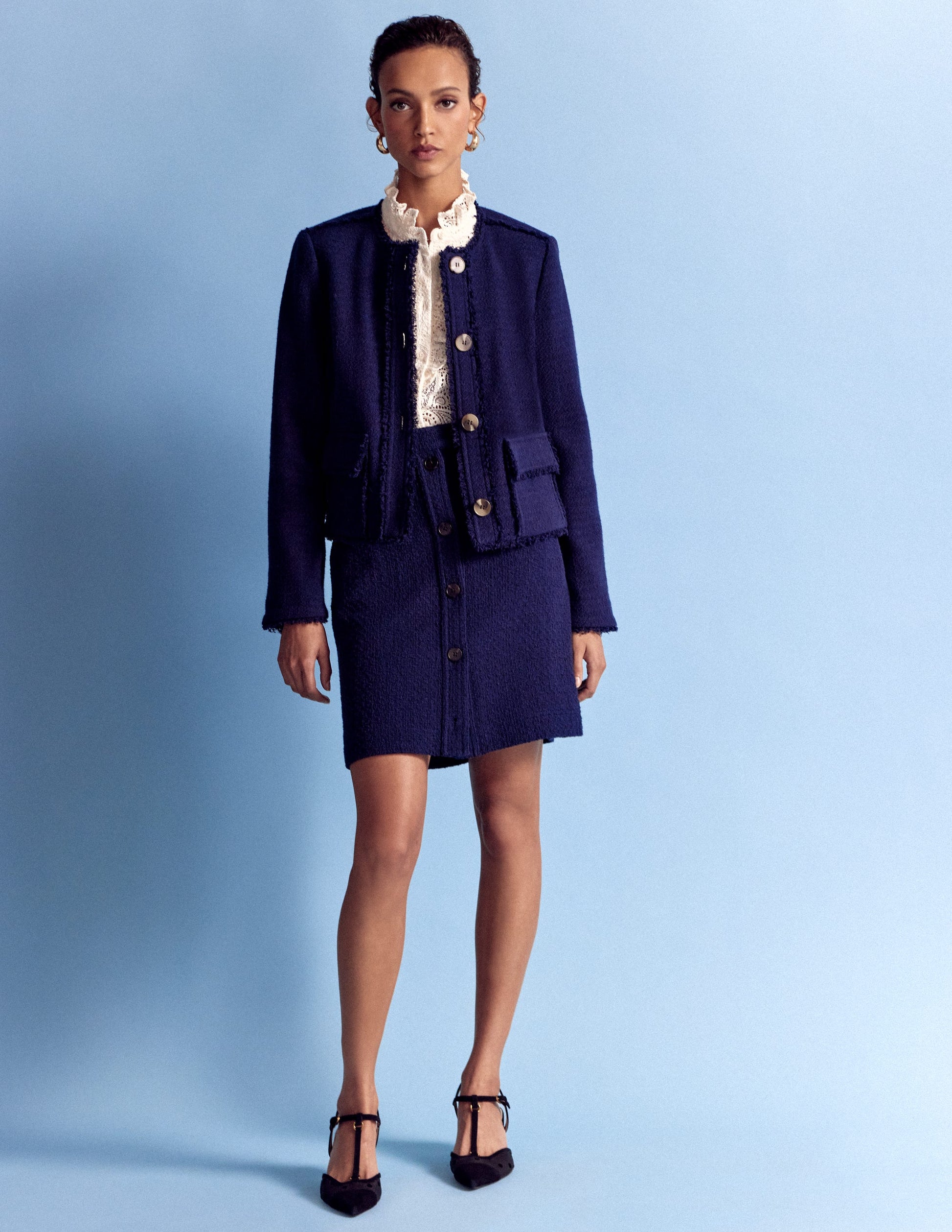 Collarless Textured Jacket-Navy-5