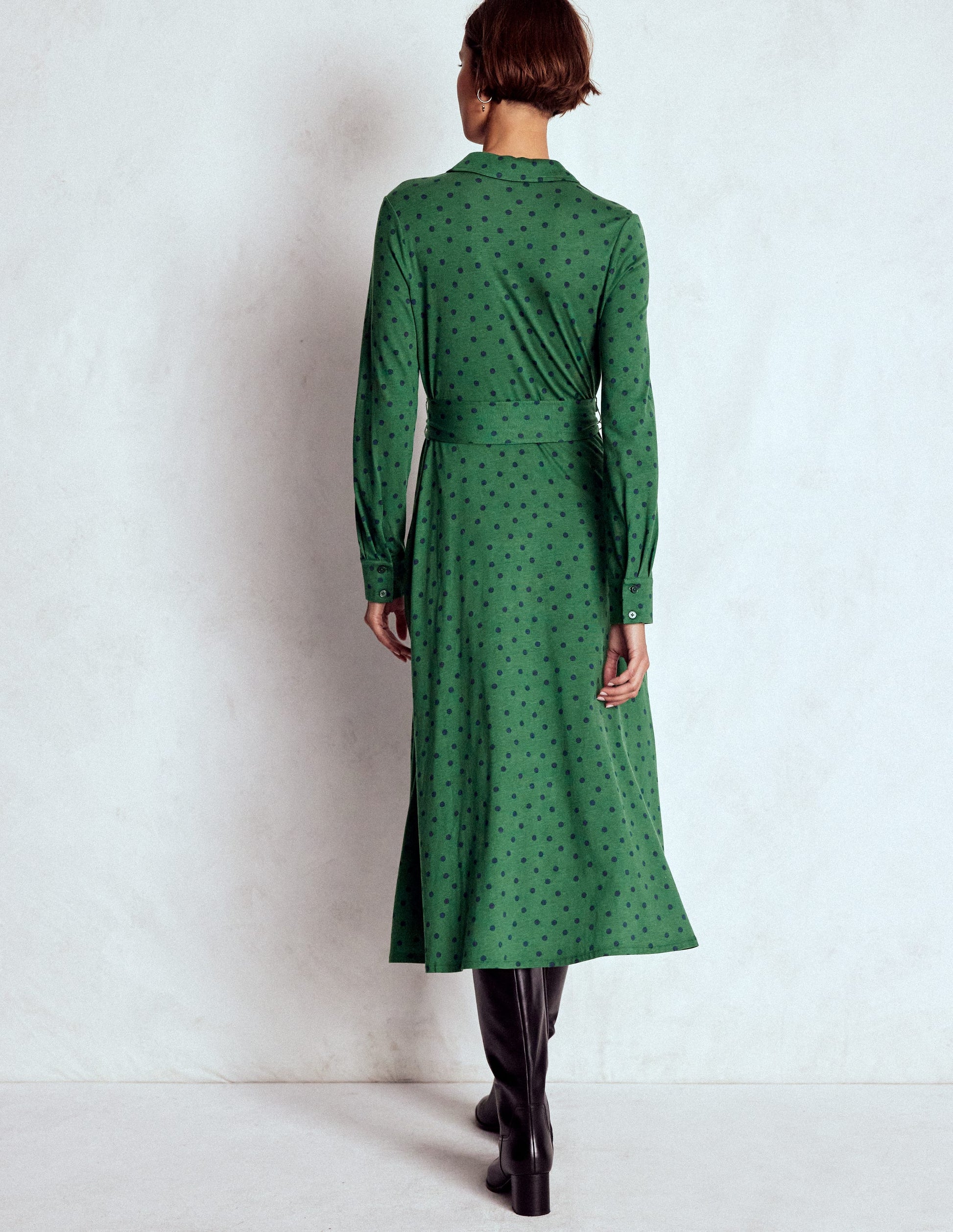 Marcia Jersey Shirt Dress-Dark Green, Painted Dot-3