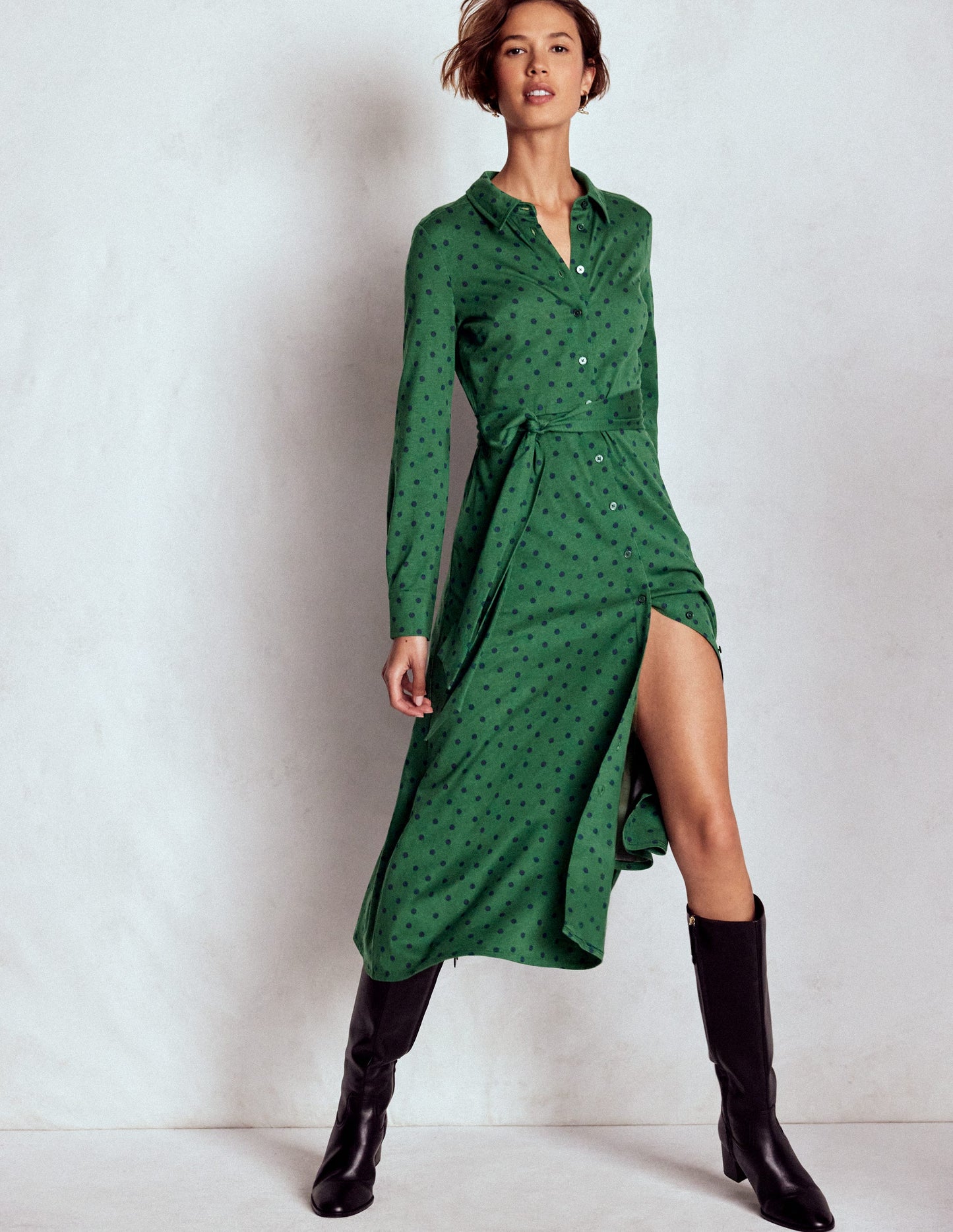 Marcia Jersey Shirt Dress-Dark Green, Painted Dot