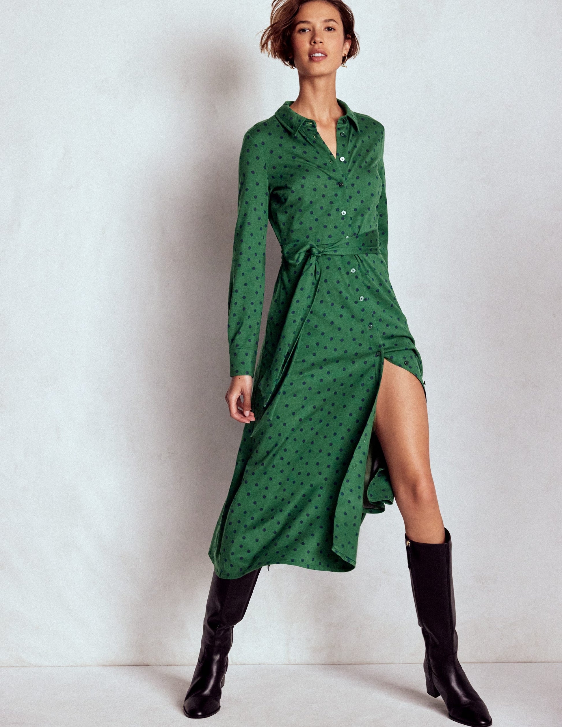 Marcia Jersey Shirt Dress-Dark Green, Painted Dot-4