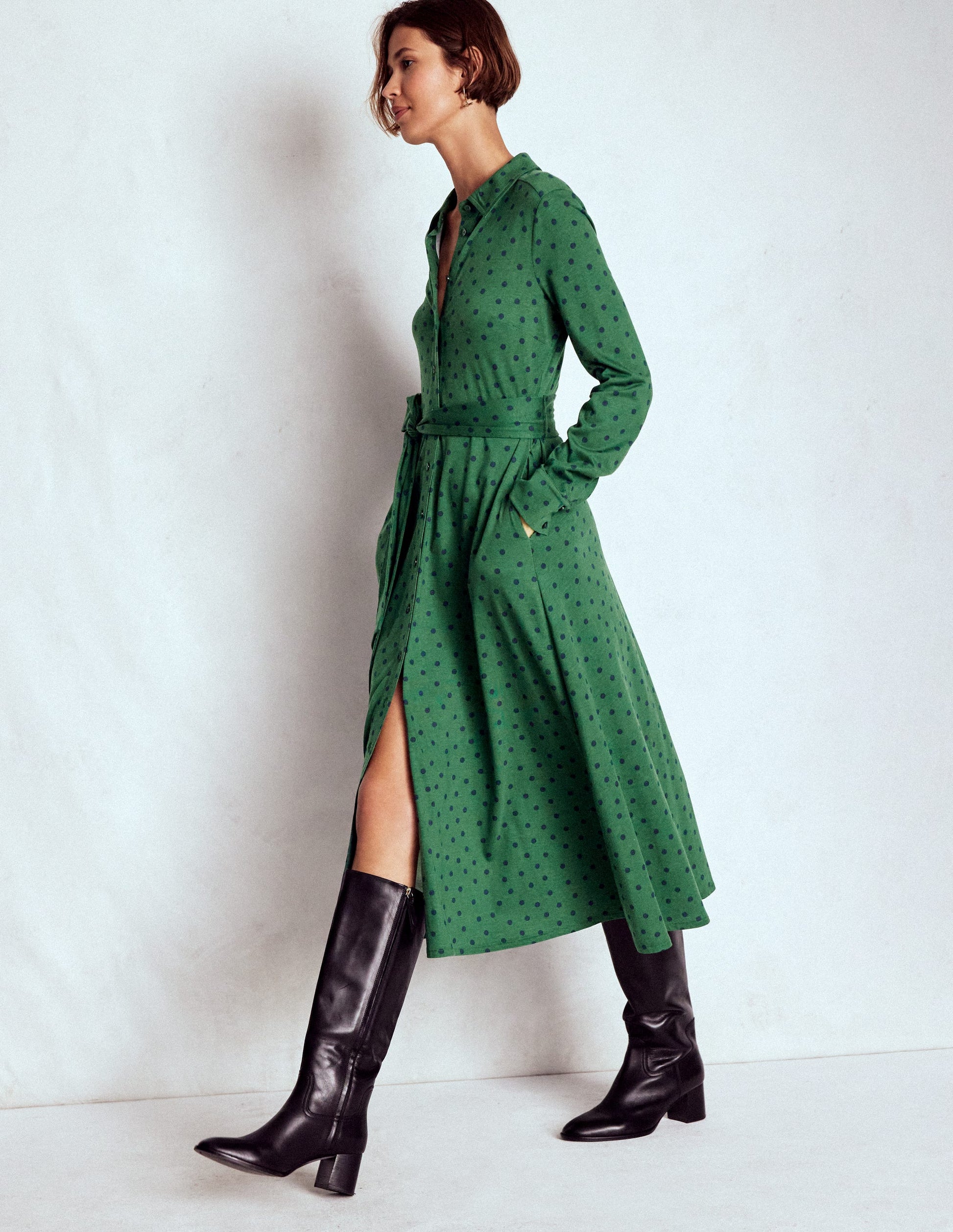 Marcia Jersey Shirt Dress-Dark Green, Painted Dot-5