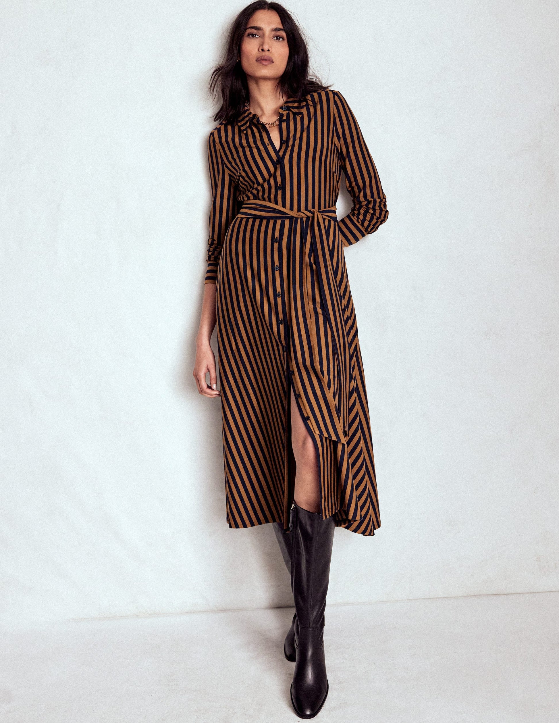 Marcia Jersey Shirt Dress-Gingerbread and Navy Stripe | Boden USA Marcia Jersey Shirt Dress-Gingerbread and Navy Stripe | Boden USA