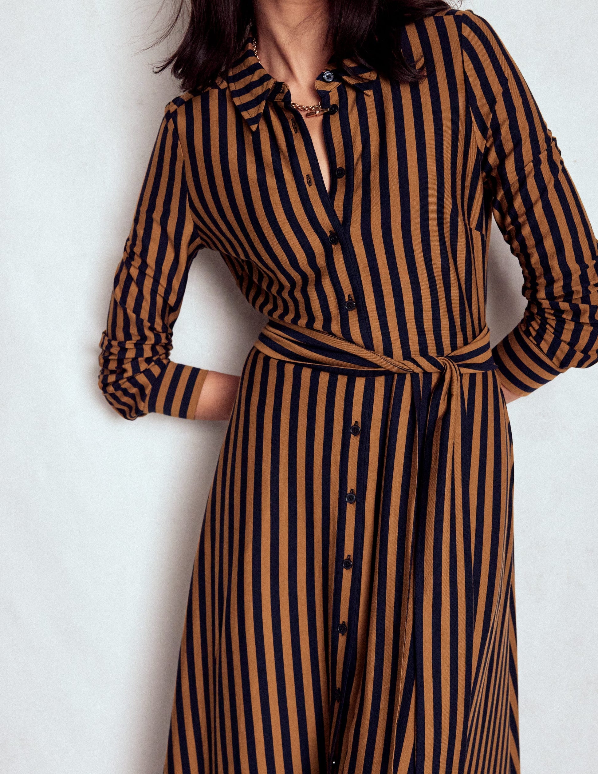 Marcia Jersey Shirt Dress-Gingerbread, Navy Stripe-2