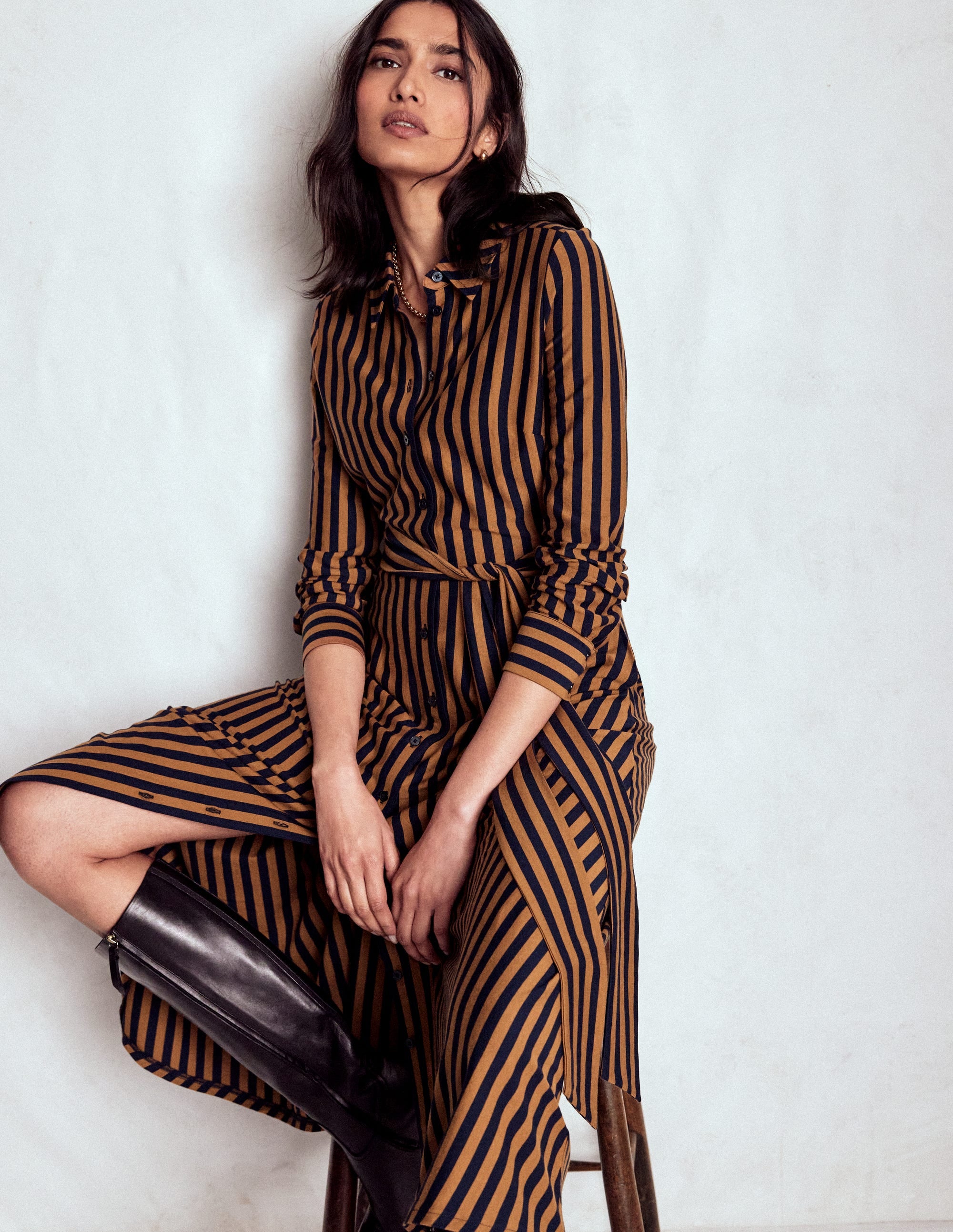 Marcia Jersey Shirt Dress - Gingerbread and Navy Stripe | Boden USA