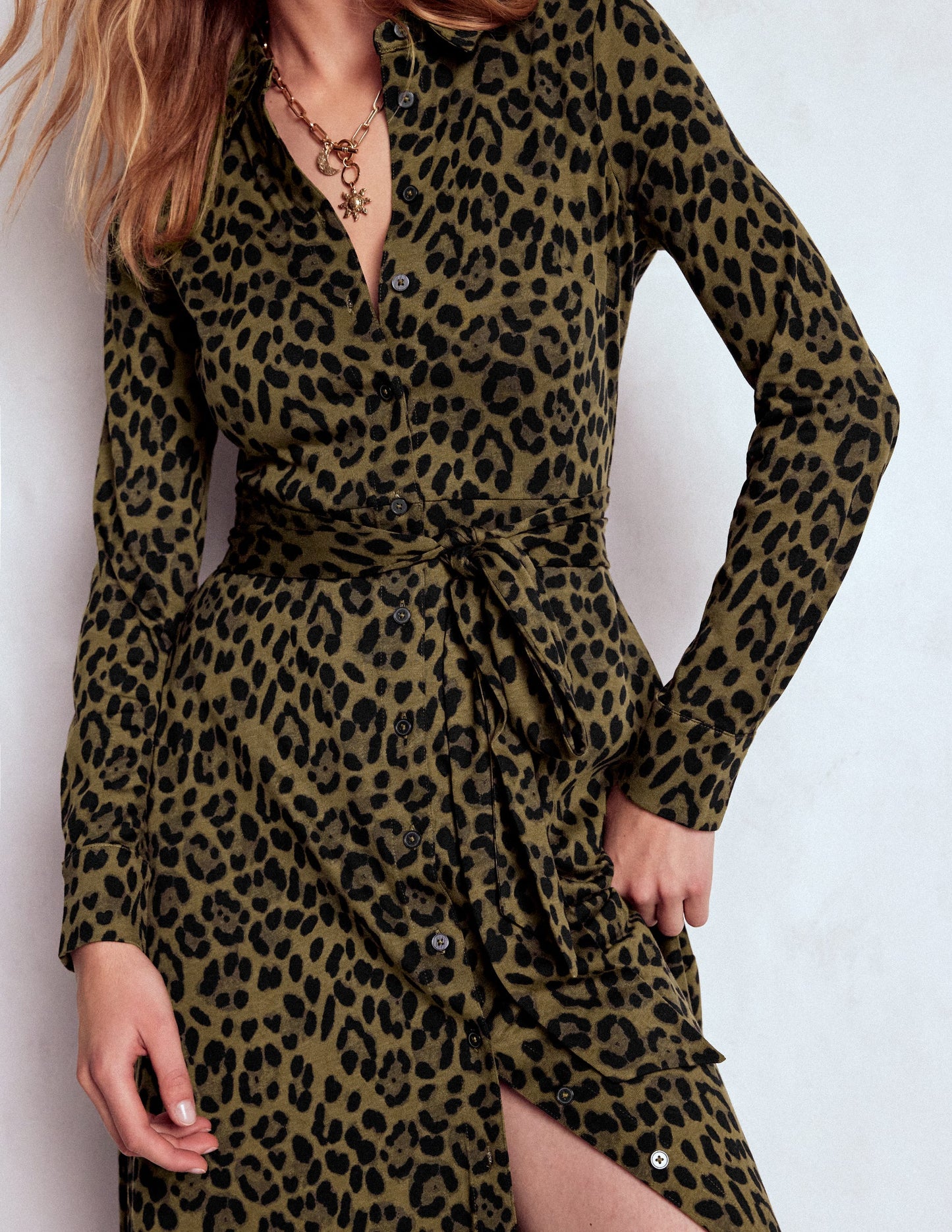 Marcia Jersey Shirt Dress-Military Olive, Brushed Animal