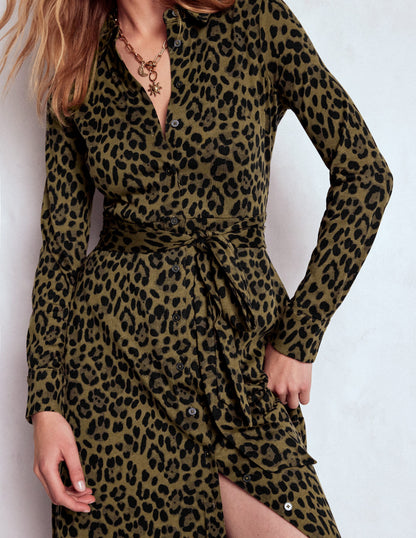 Marcia Jersey Shirt Dress-Military Olive, Brushed Animal-3