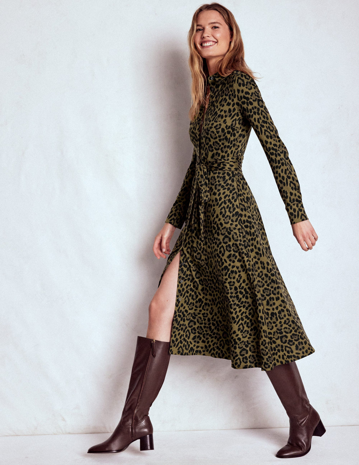 Marcia Jersey Shirt Dress-Military Olive, Brushed Animal - Image 5