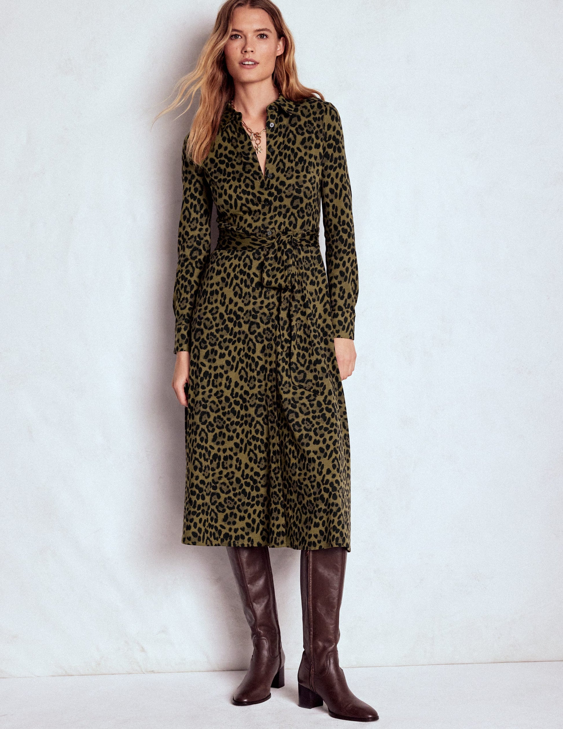 Marcia Jersey Shirt Dress-Military Olive, Brushed Animal | Boden USA Marcia Jersey Shirt Dress-Military Olive, Brushed Animal | Boden USA