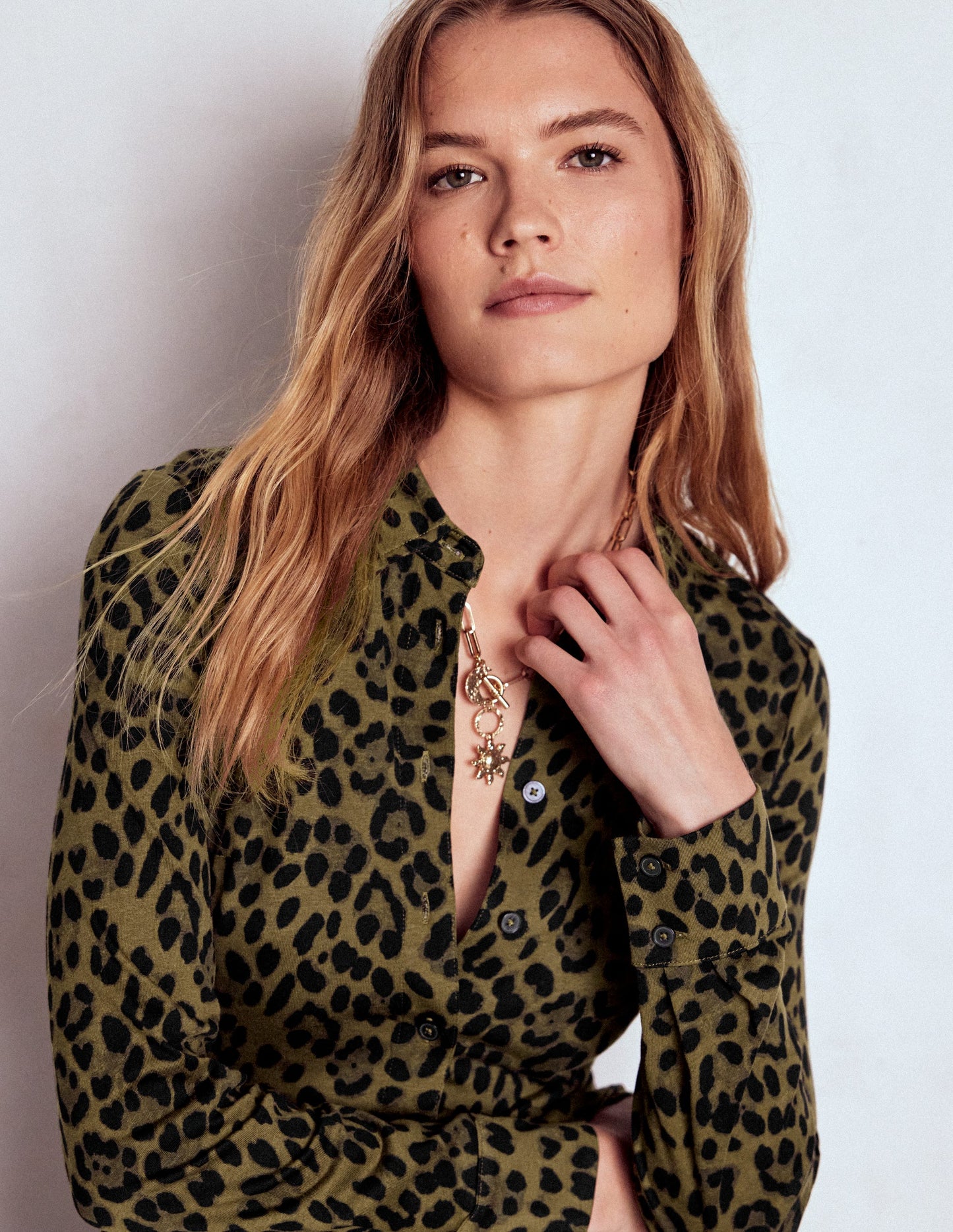 Marcia Jersey Shirt Dress-Military Olive, Brushed Animal