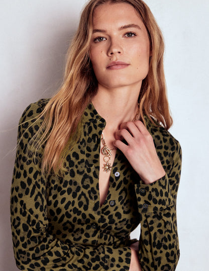 Marcia Jersey Shirt Dress-Military Olive, Brushed Animal-7