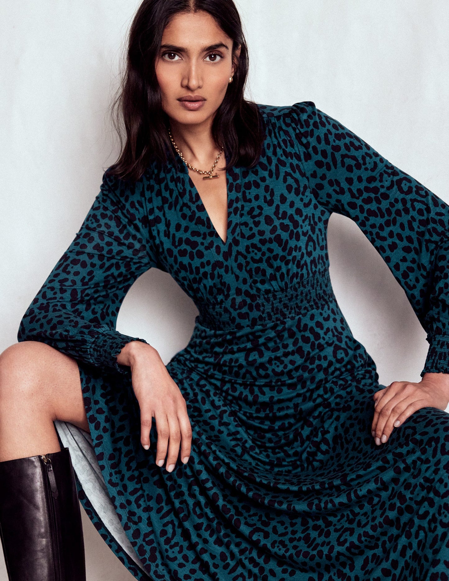 Ivy Smocked Midi Dress-Moonlit Ocean, Brushed Animal