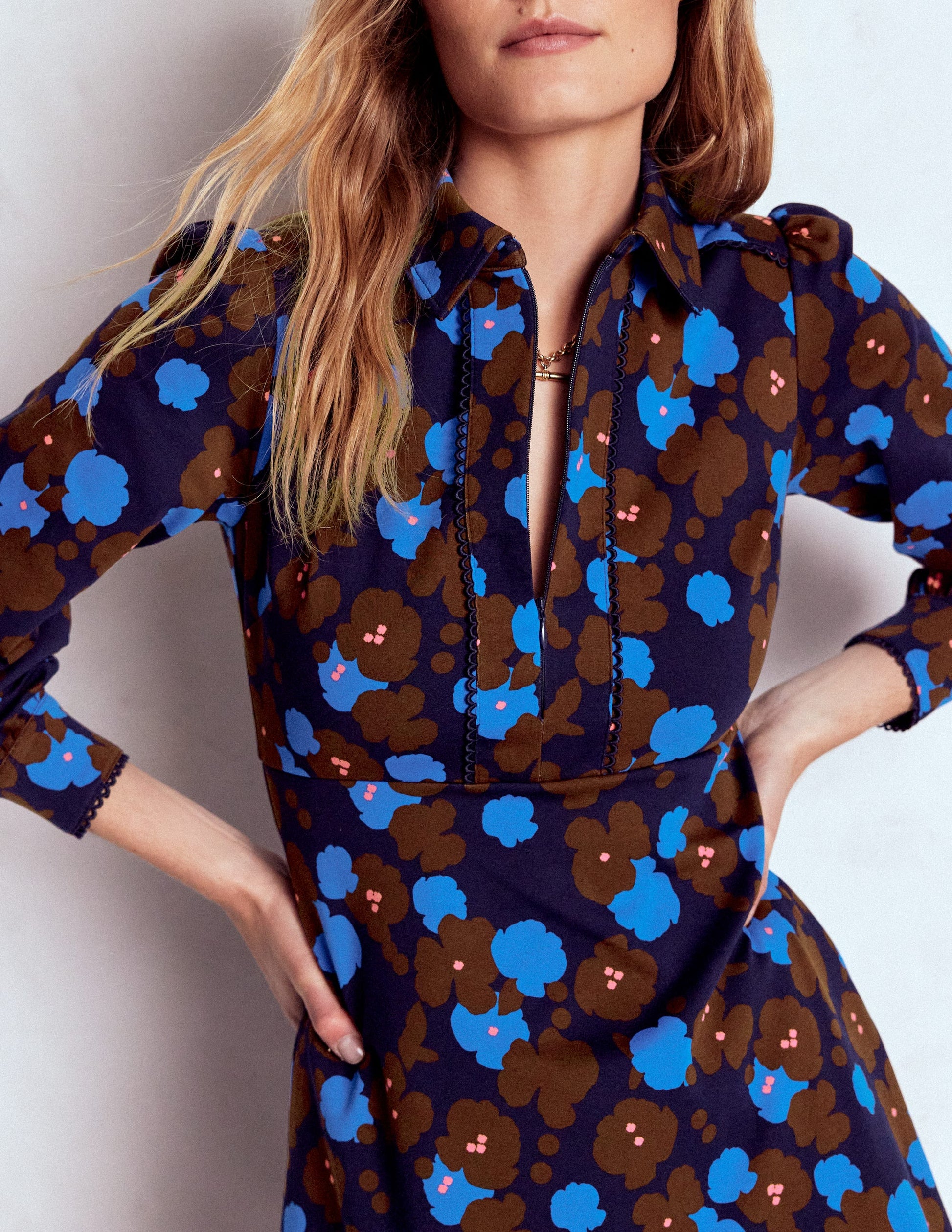 Pip Zip-Up Ponte Midi Dress-French Navy, Garden Blossom-3