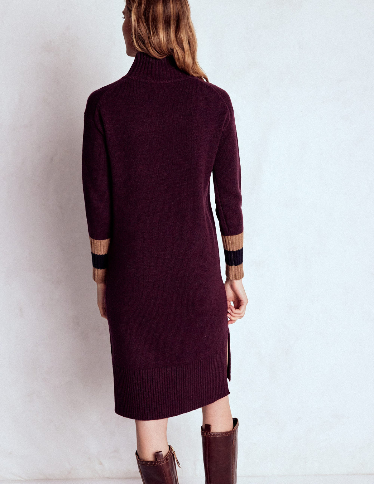 Merino Knitted Dress-Dark Cherry, Brown Stripe - Image 4