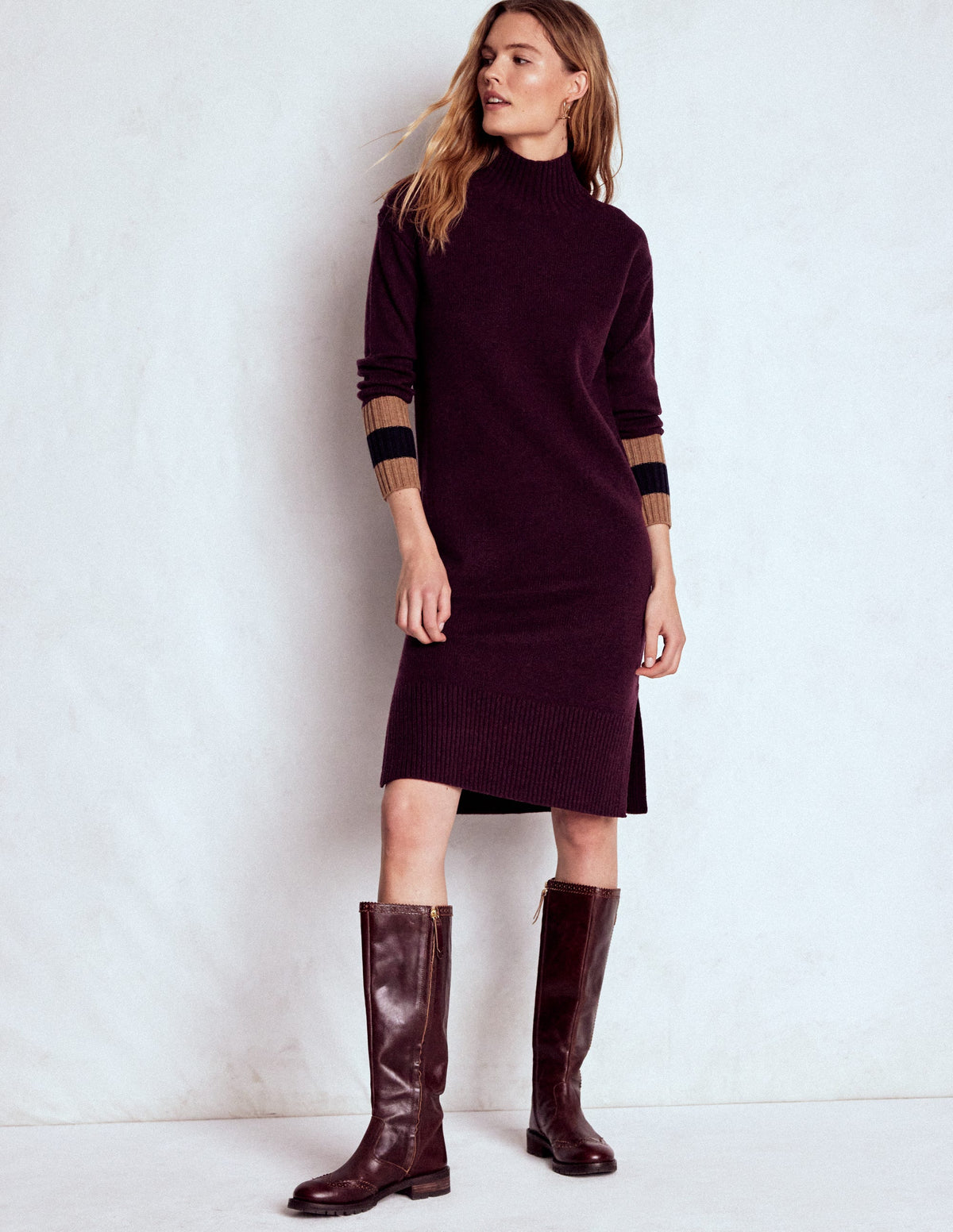 Merino Knitted Dress-Dark Cherry, Brown Stripe - Image 5