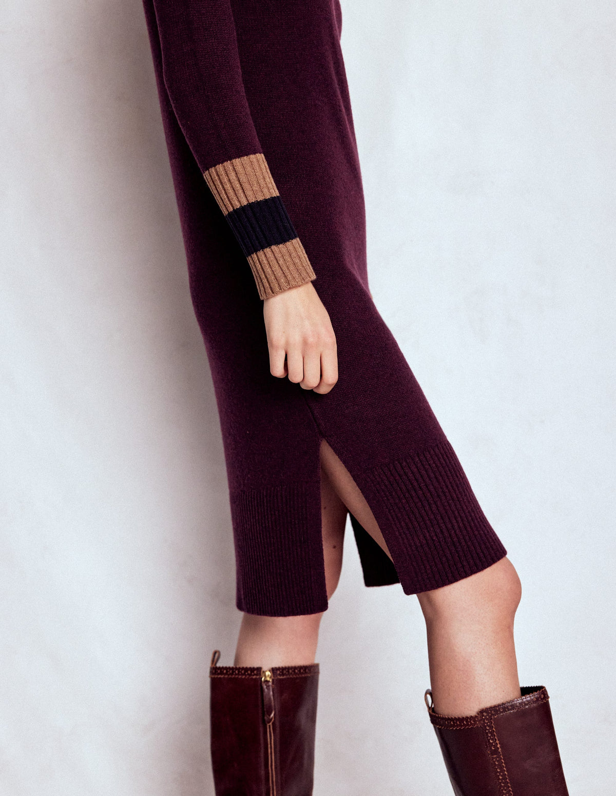 Merino Knitted Dress-Dark Cherry, Brown Stripe - Image 6