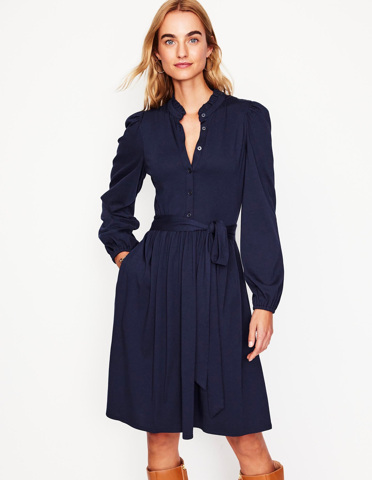 Willow Frill Short Shirt Dress-Navy