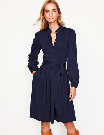Willow Frill Short Shirt Dress-Navy-4