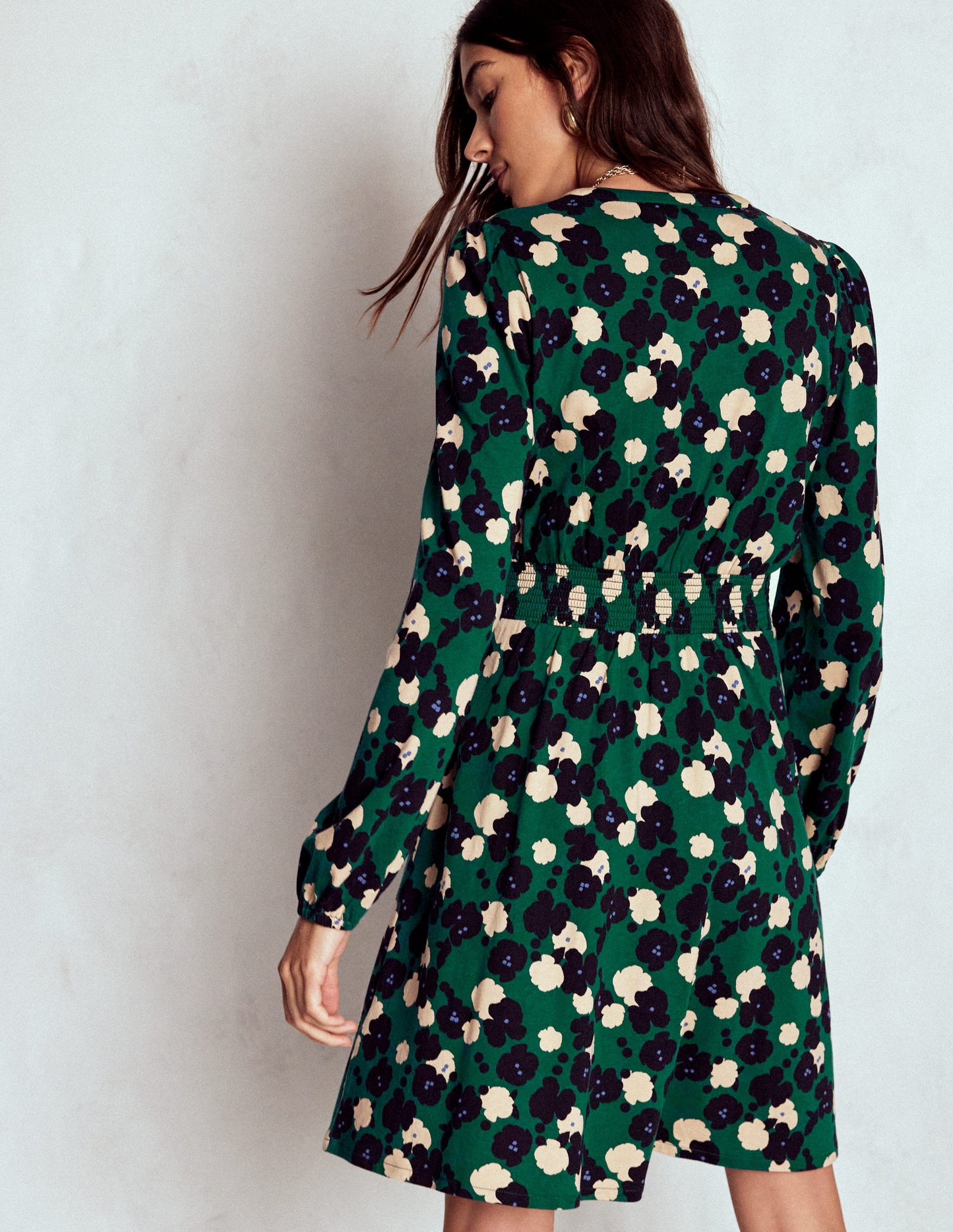 Sarah Short Jersey Dress-Emerald Night, Garden Blossom
