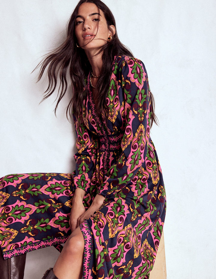 Natalia Long Sleeve Tea Dress-French Navy, Ornate Charm