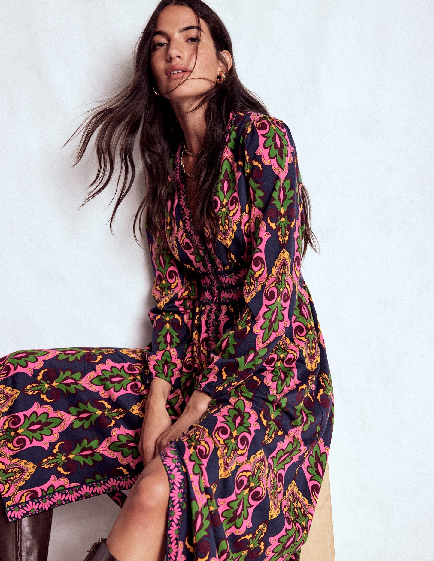 Natalia Long Sleeve Tea Dress-French Navy, Ornate Charm