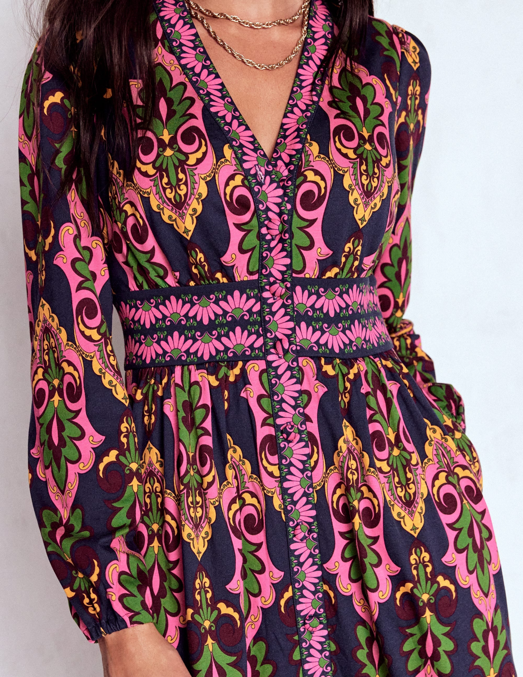 Natalia Long Sleeve Tea Dress-French Navy, Ornate Charm - Image 3