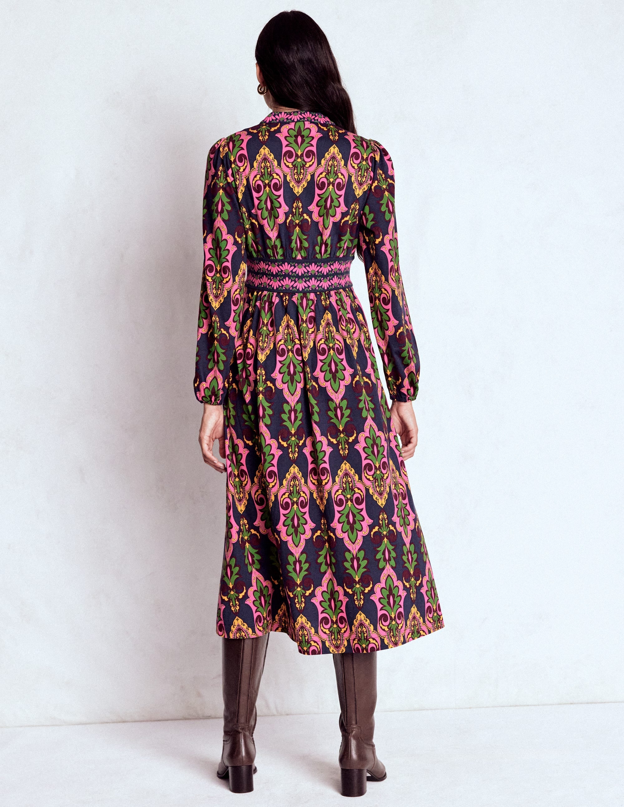 Natalia Long Sleeve Tea Dress-French Navy, Ornate Charm - Image 4
