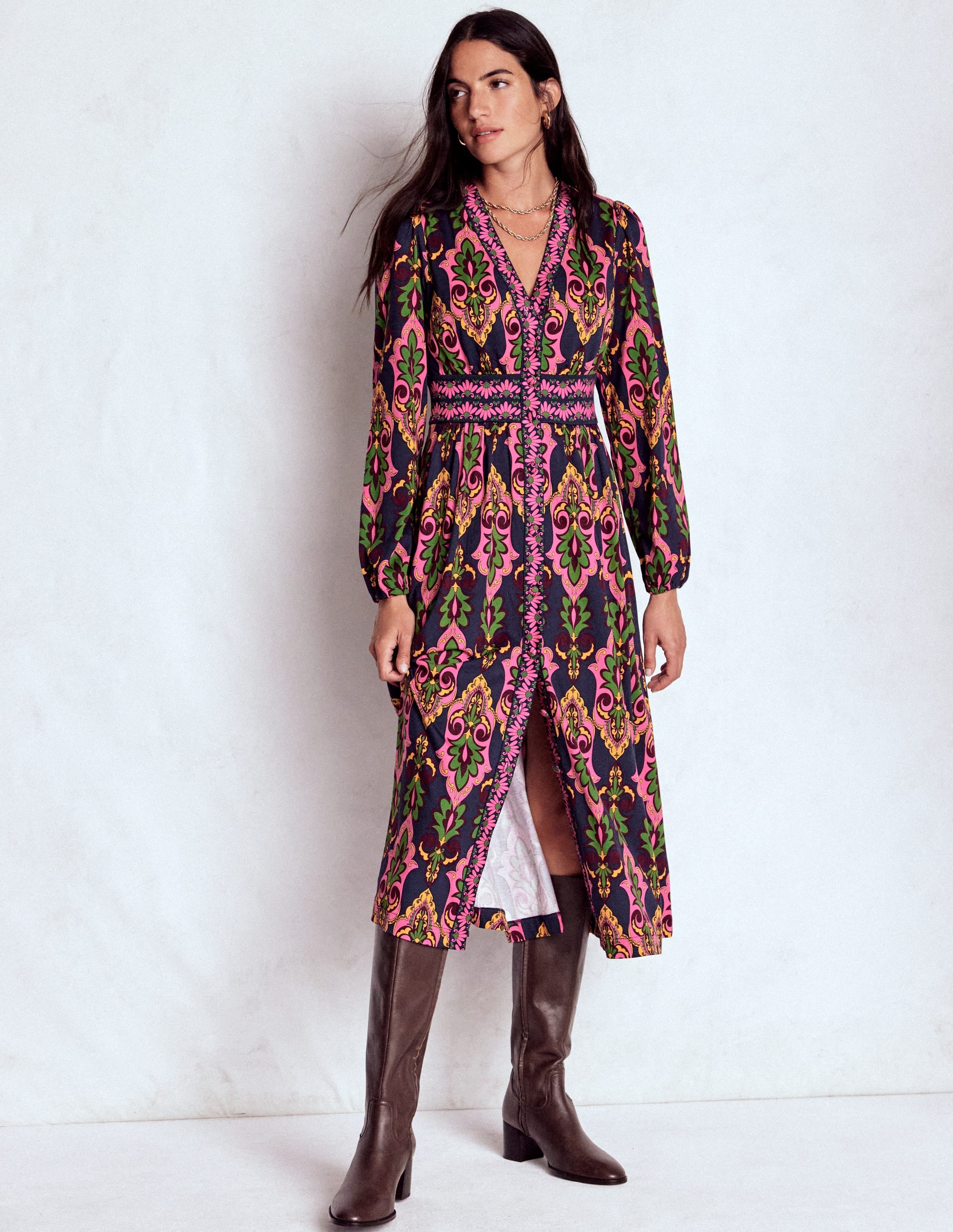Natalia Long Sleeve Tea Dress-French Navy, Ornate Charm - Image 5