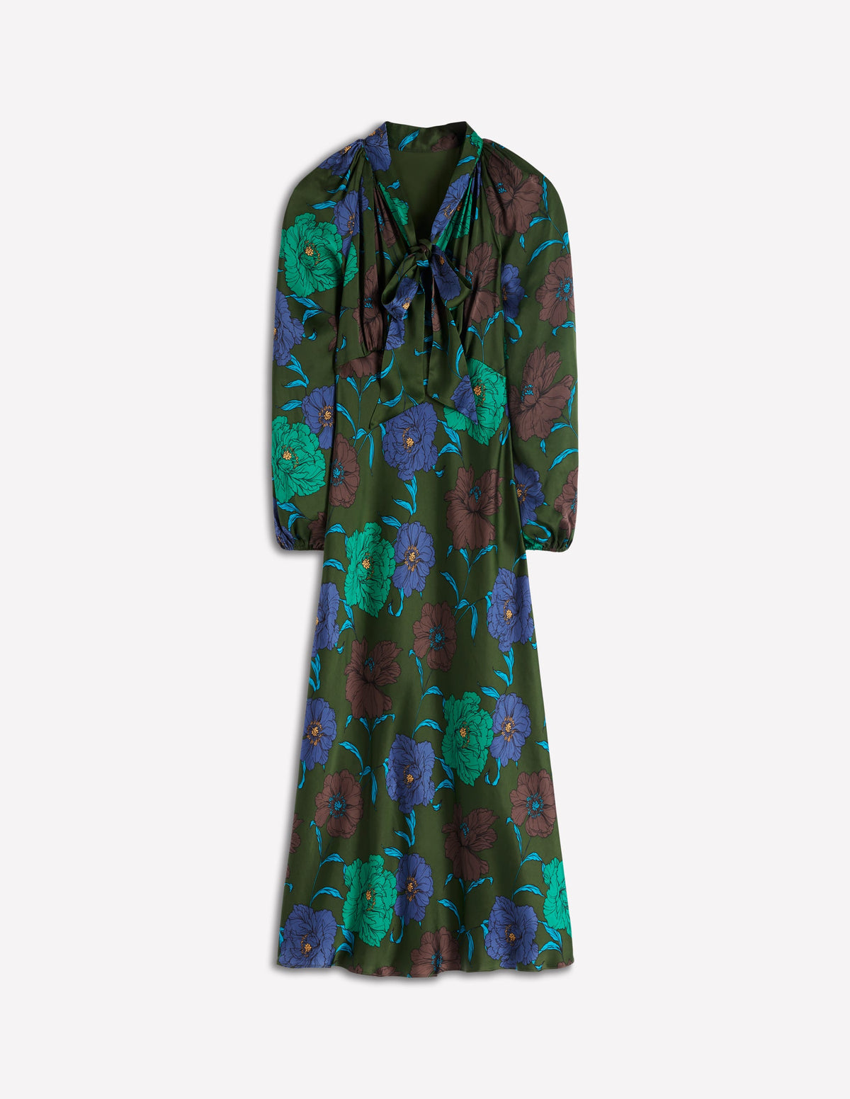 Tie Neck Satin Midi Dress-Green Fir, Peony Bloom - Image 7