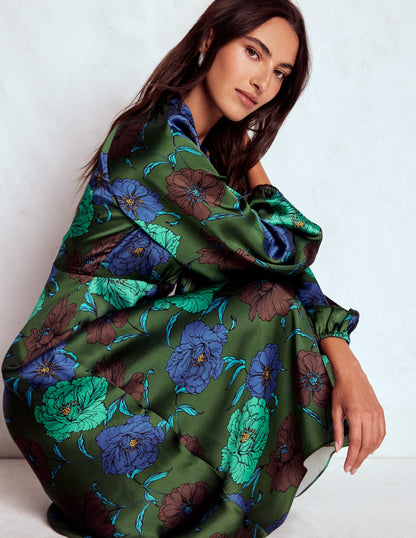 Tie Neck Satin Midi Dress-Green Fir, Peony Bloom-1