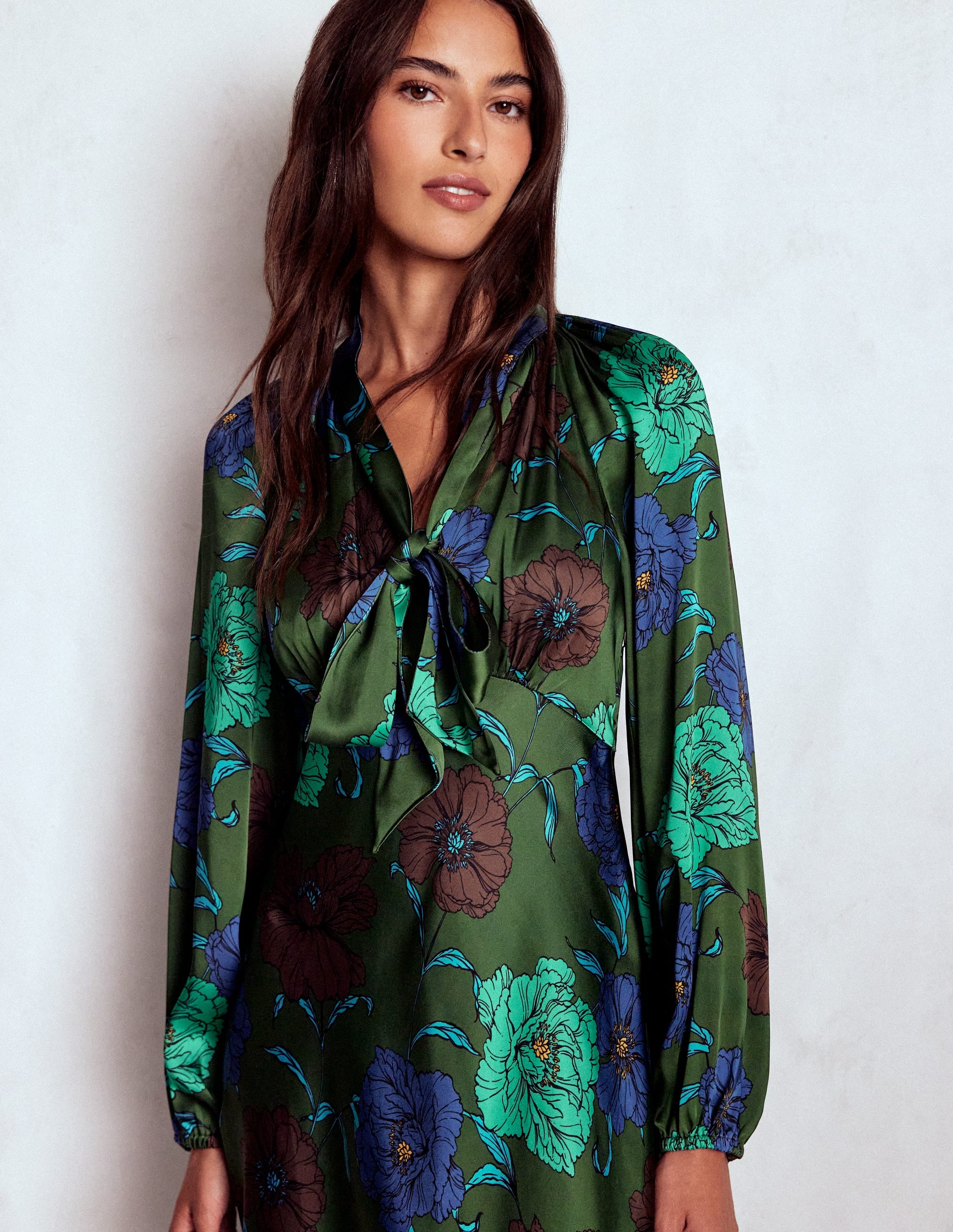 Tie Neck Satin Midi Dress-Green Fir, Peony Bloom - Image 2