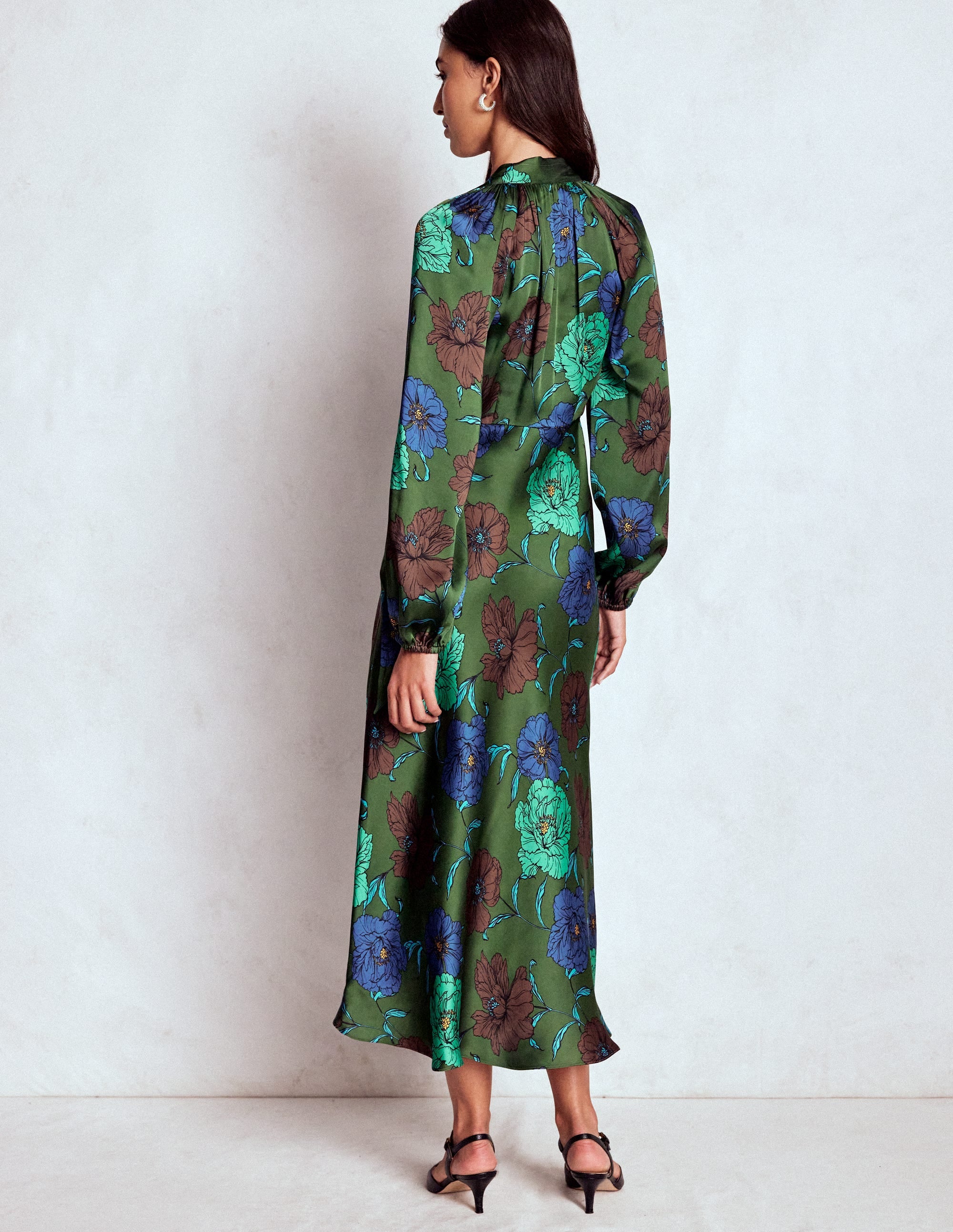 Tie Neck Satin Midi Dress-Green Fir, Peony Bloom - Image 3